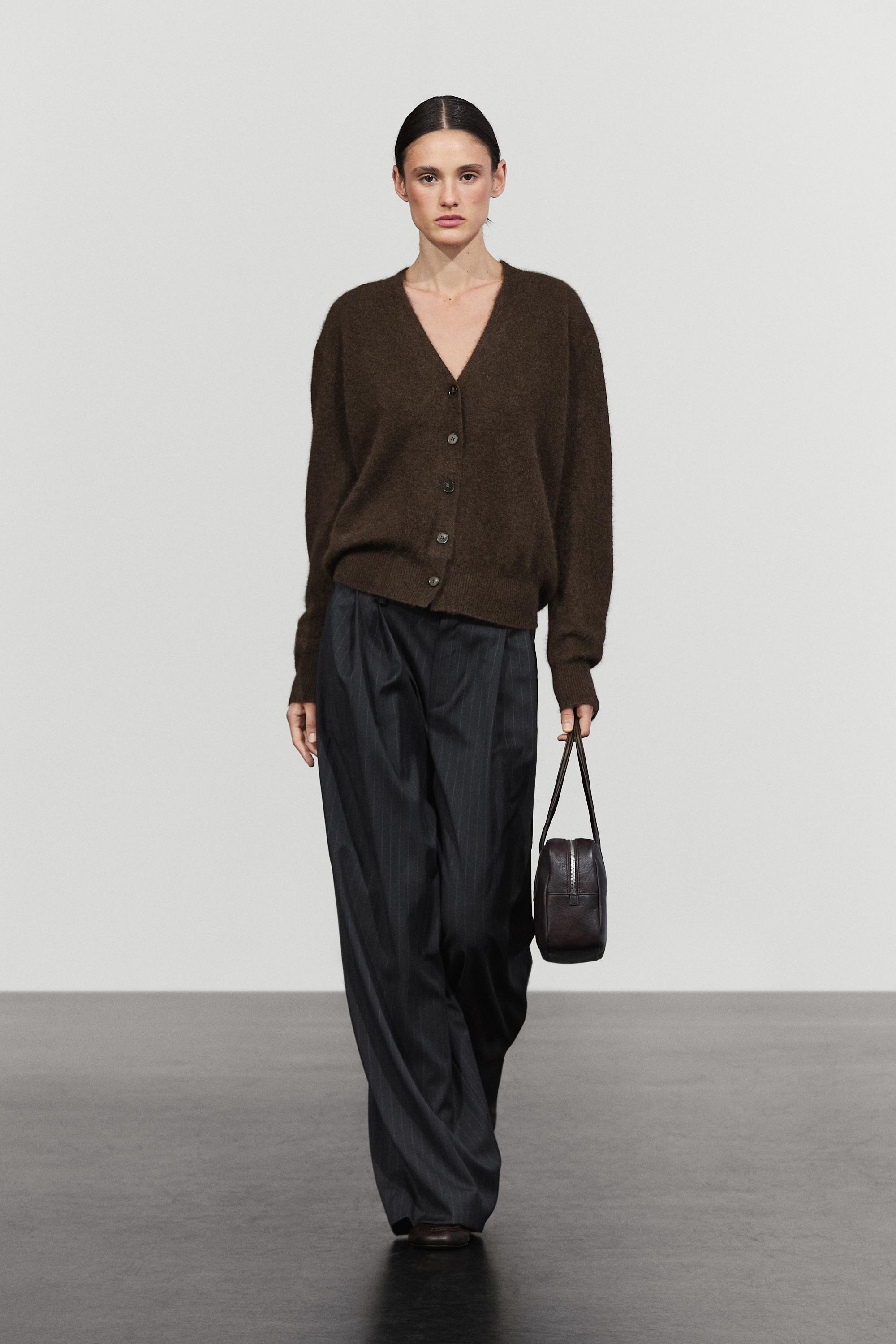 Brushed wool-blend V-neck knit cardigan Brown
