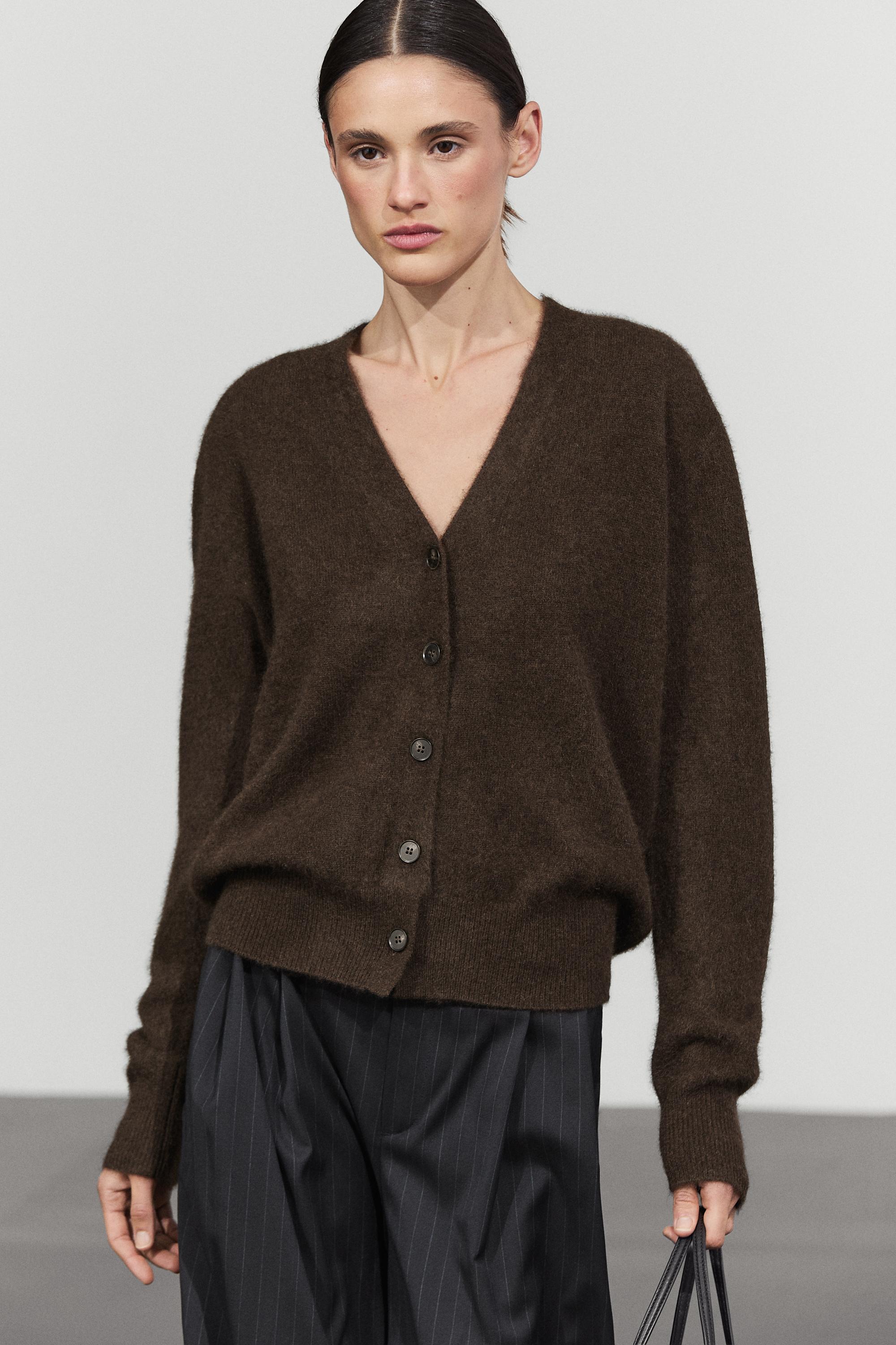Brushed wool-blend V-neck knit cardigan Brown