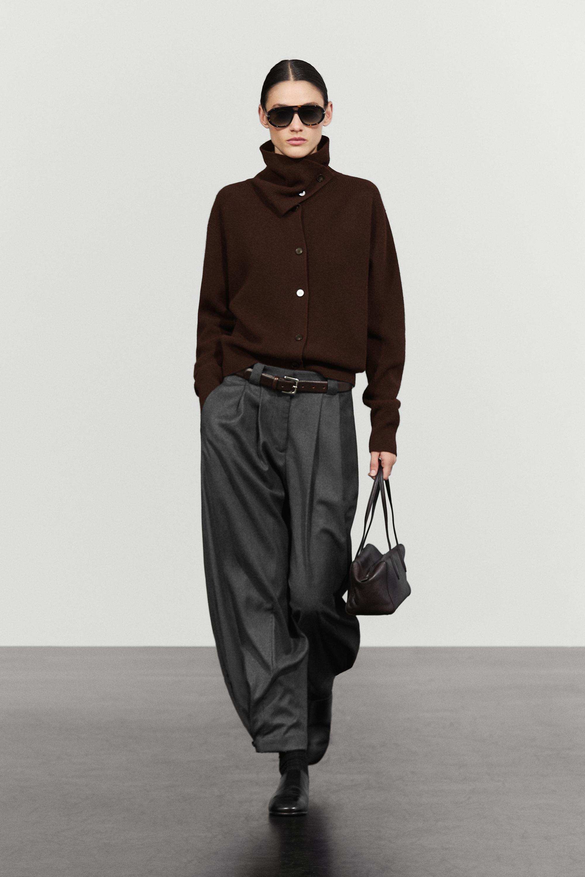 Purl knit funnel neck cardigan Chocolate