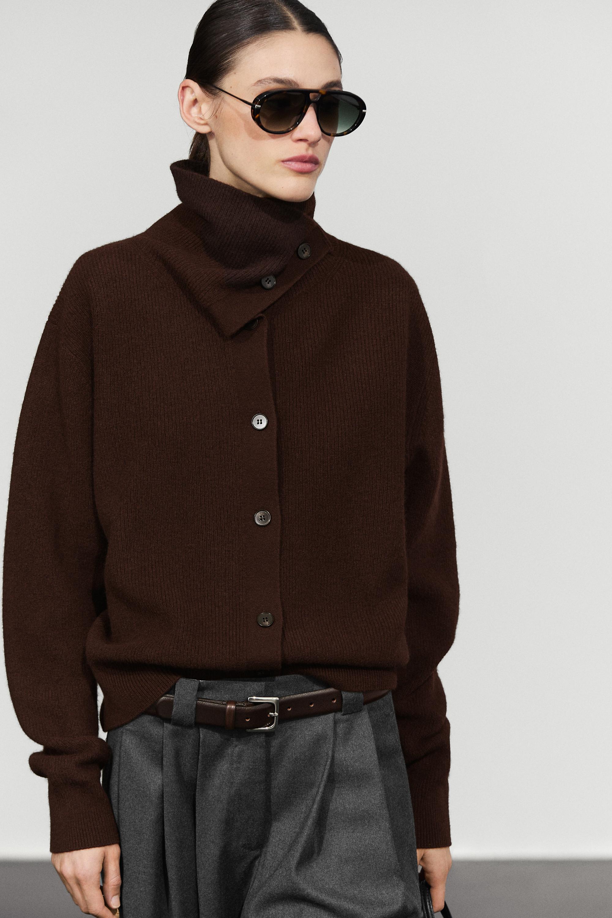 Purl knit funnel neck cardigan Chocolate