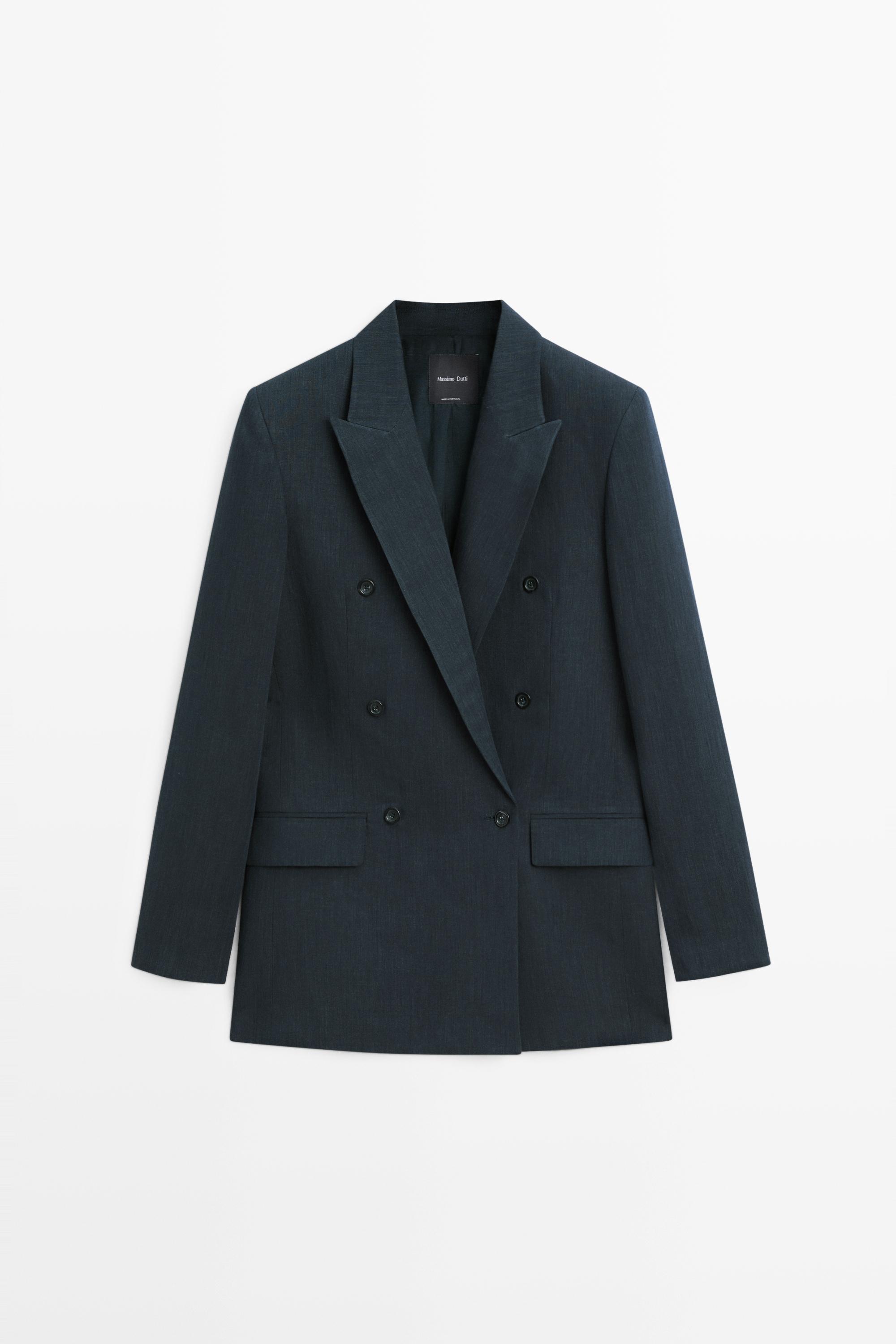 Melange linen blend double-breasted blazer Navy Blue