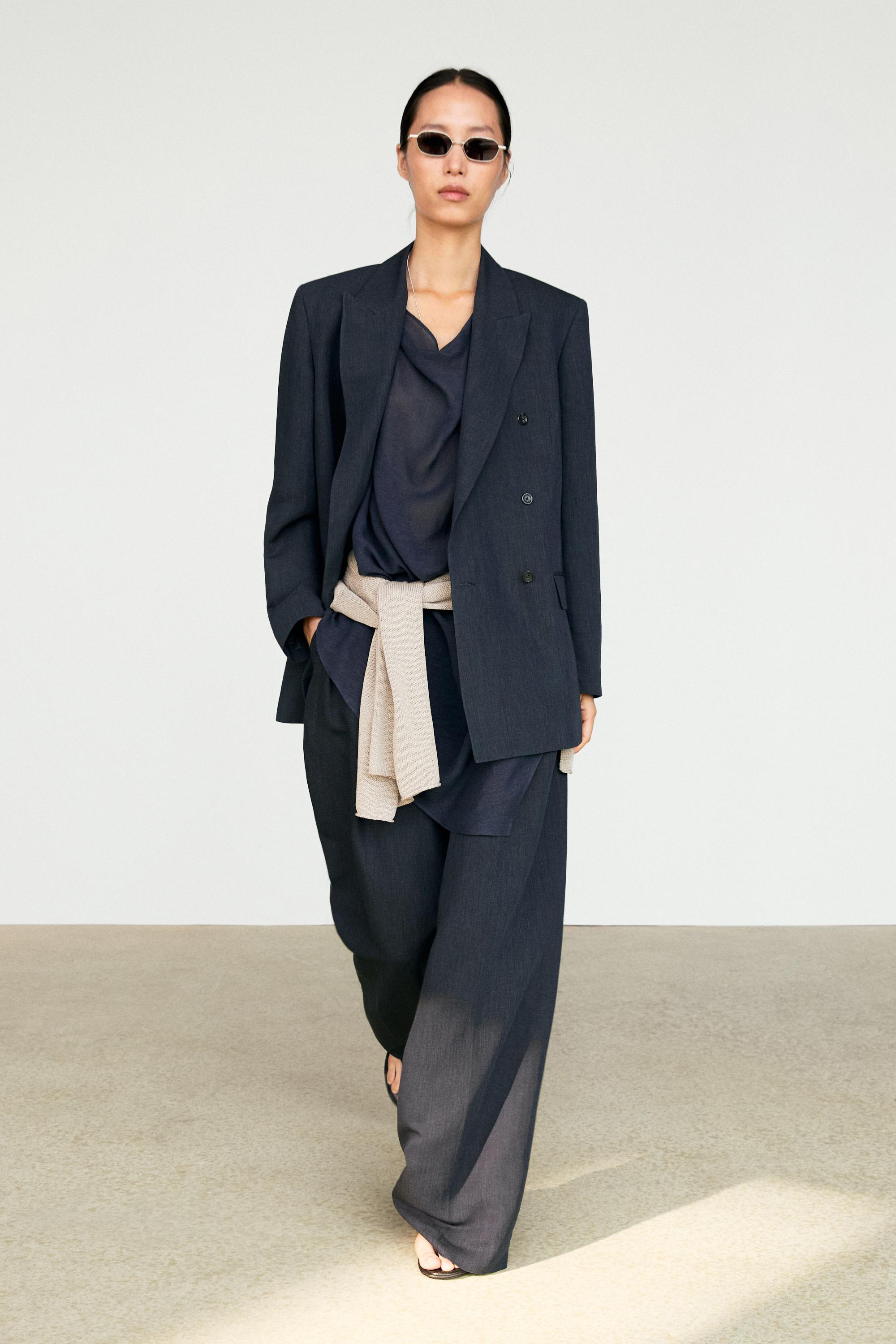 Melange linen blend double-breasted blazer Navy Blue