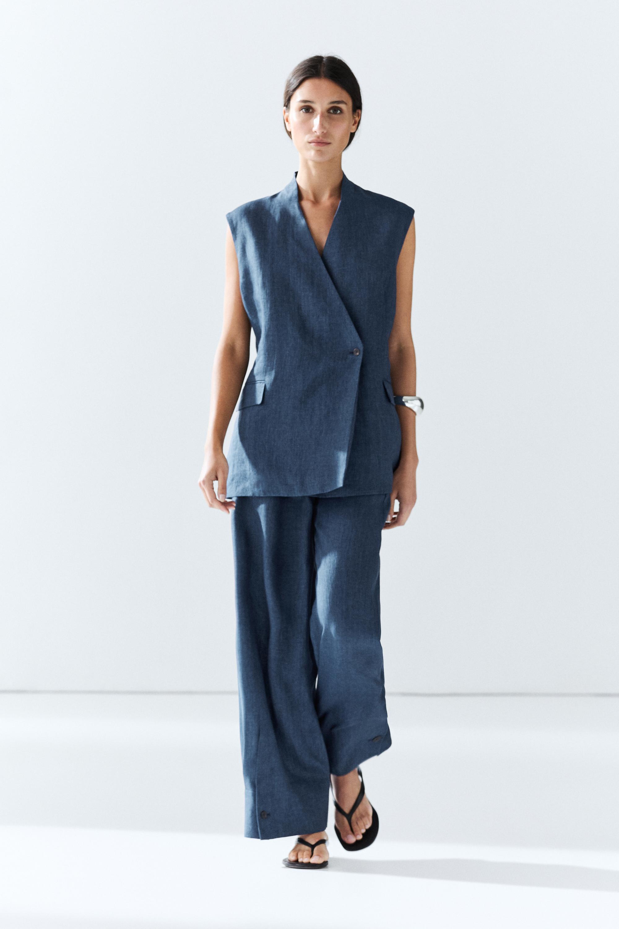 Linen crossover total look vest Navy Blue
