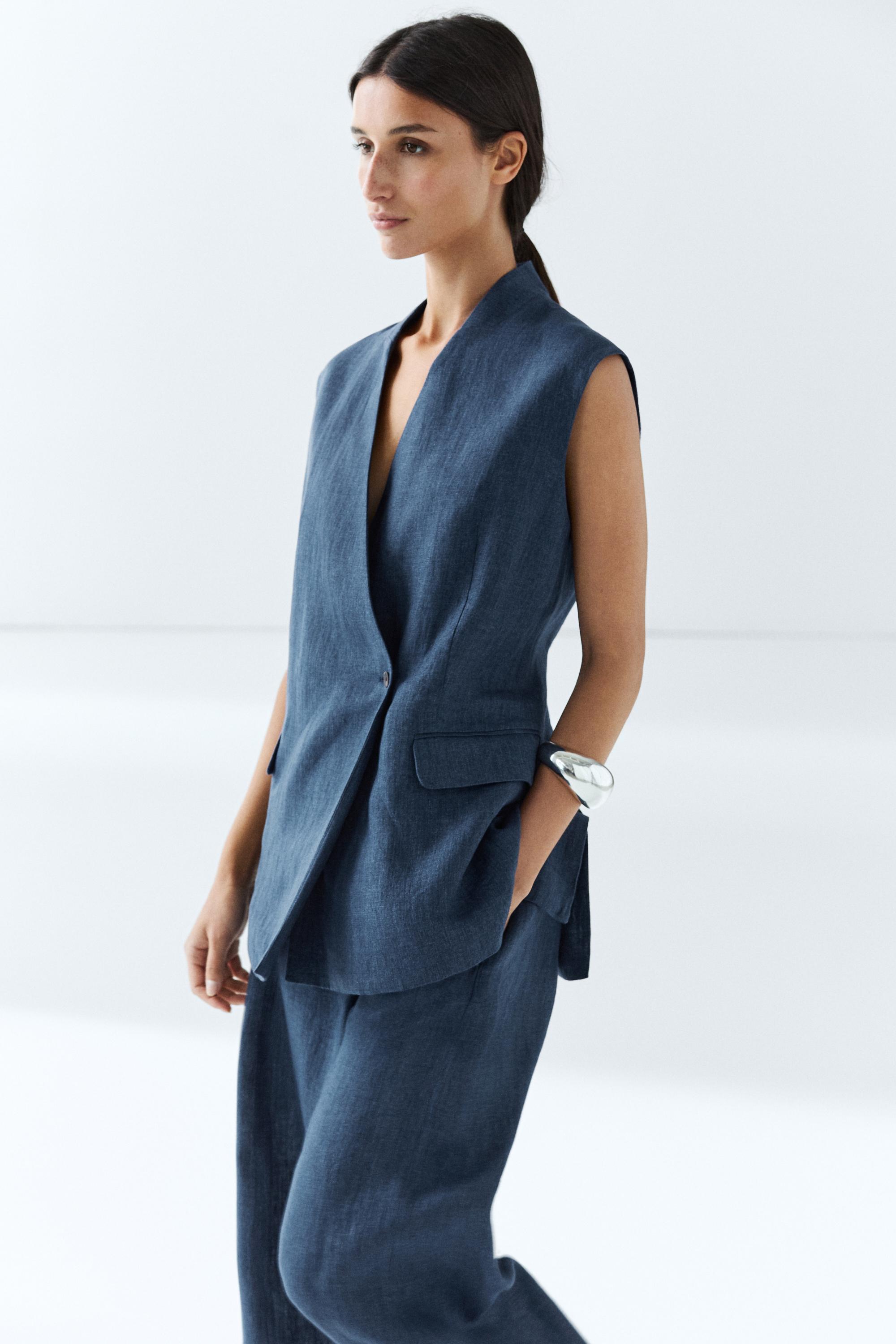 Linen crossover total look vest Navy Blue