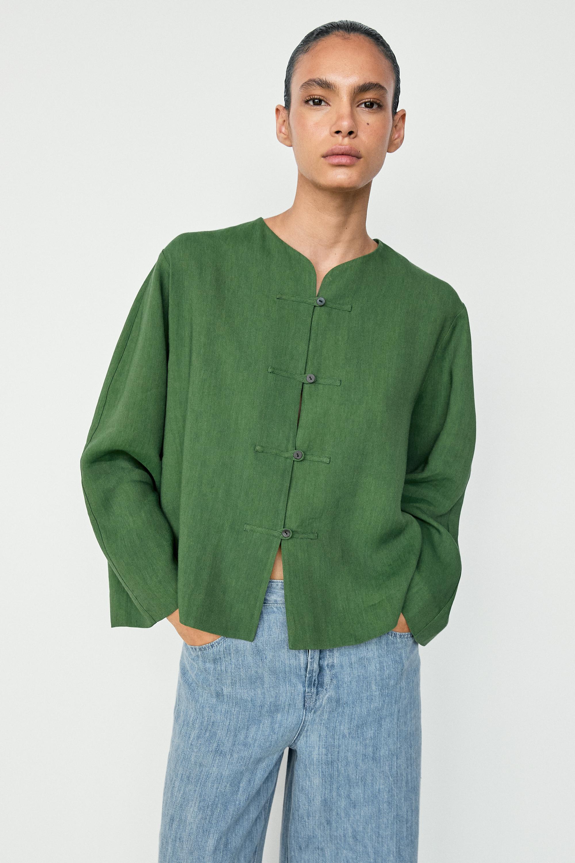 Total look flowing overshirt with button details Bluish Green