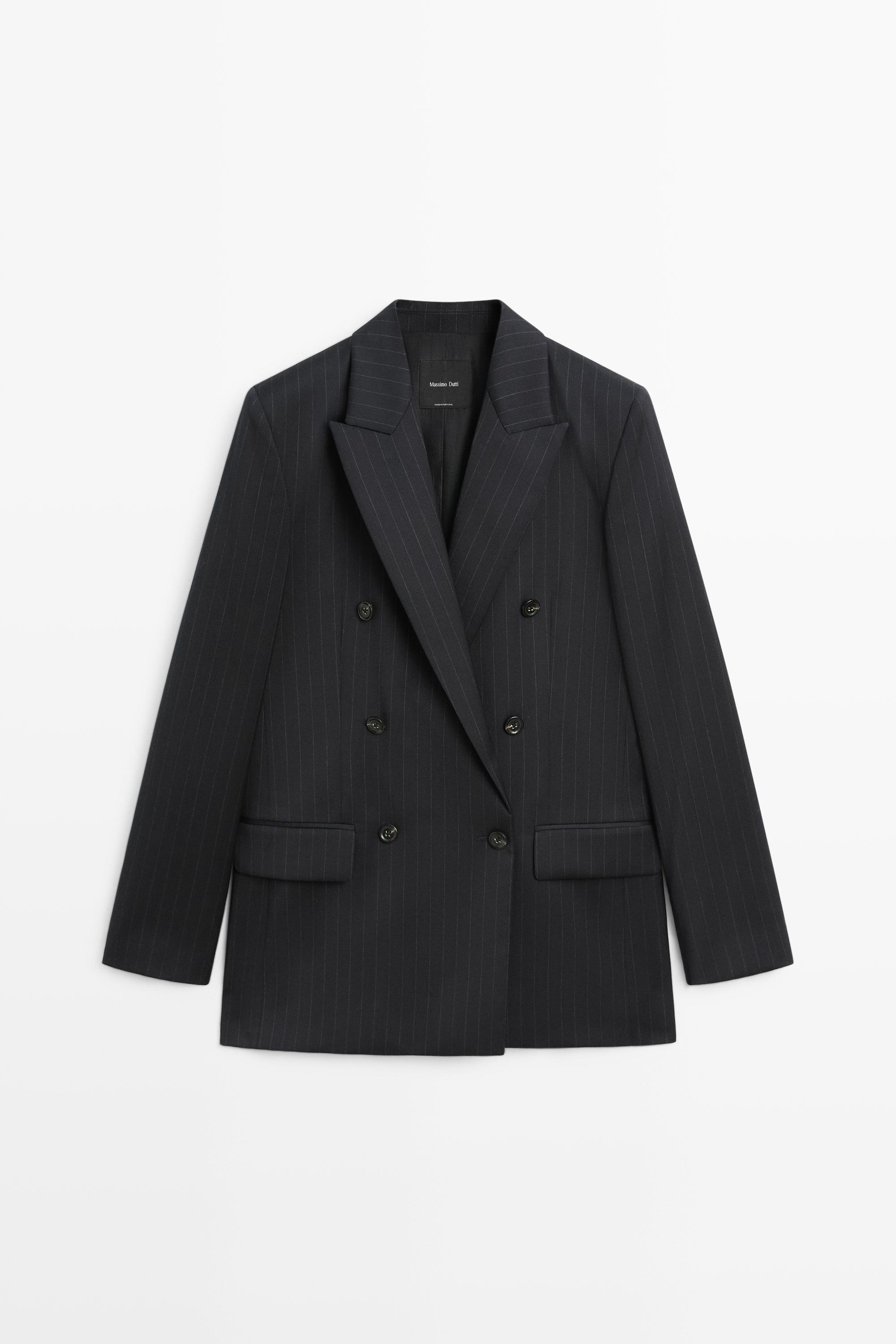 100% wool pinstripe suit blazer Navy Blue
