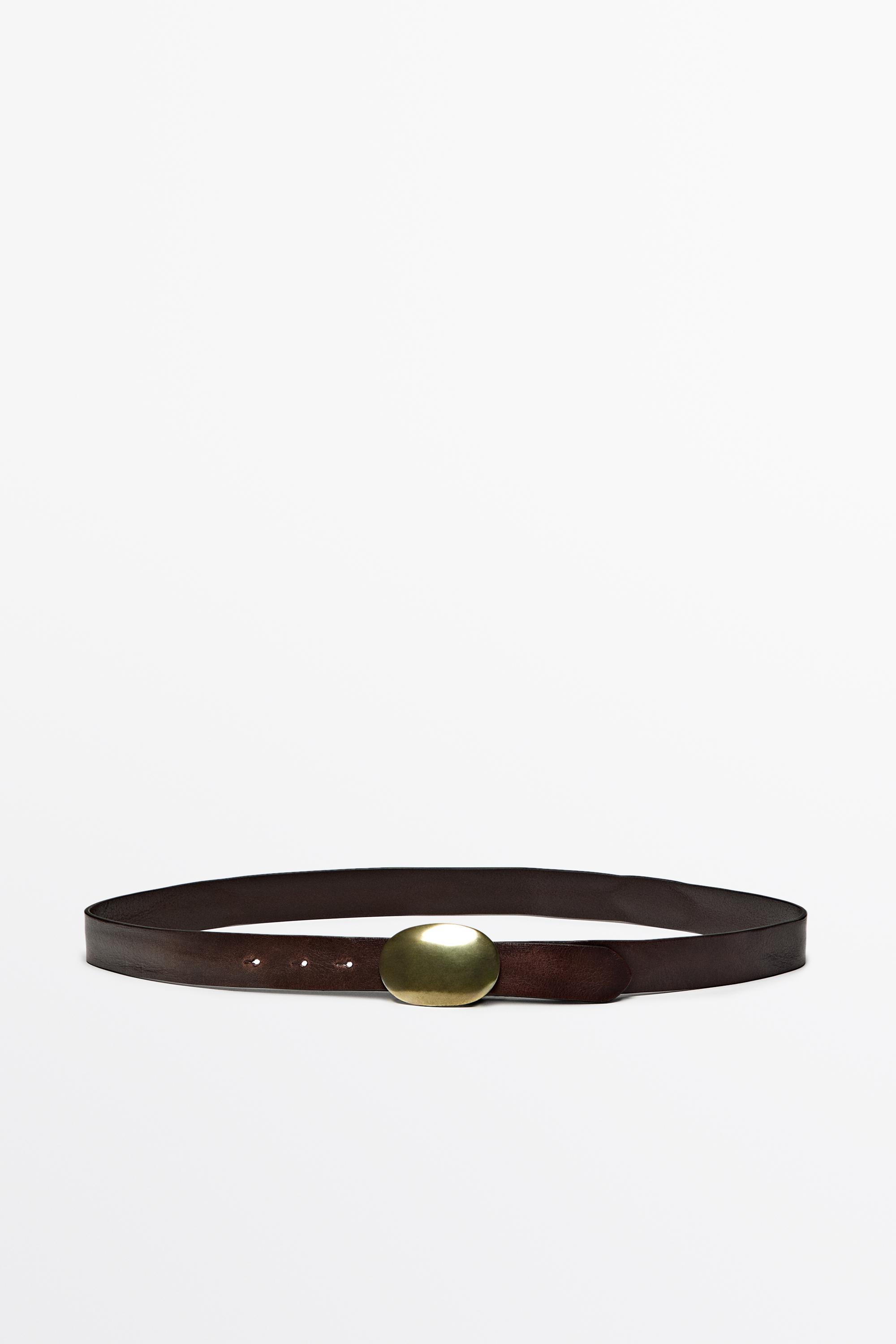 Nappa leather belt with metal plate buckle Brown