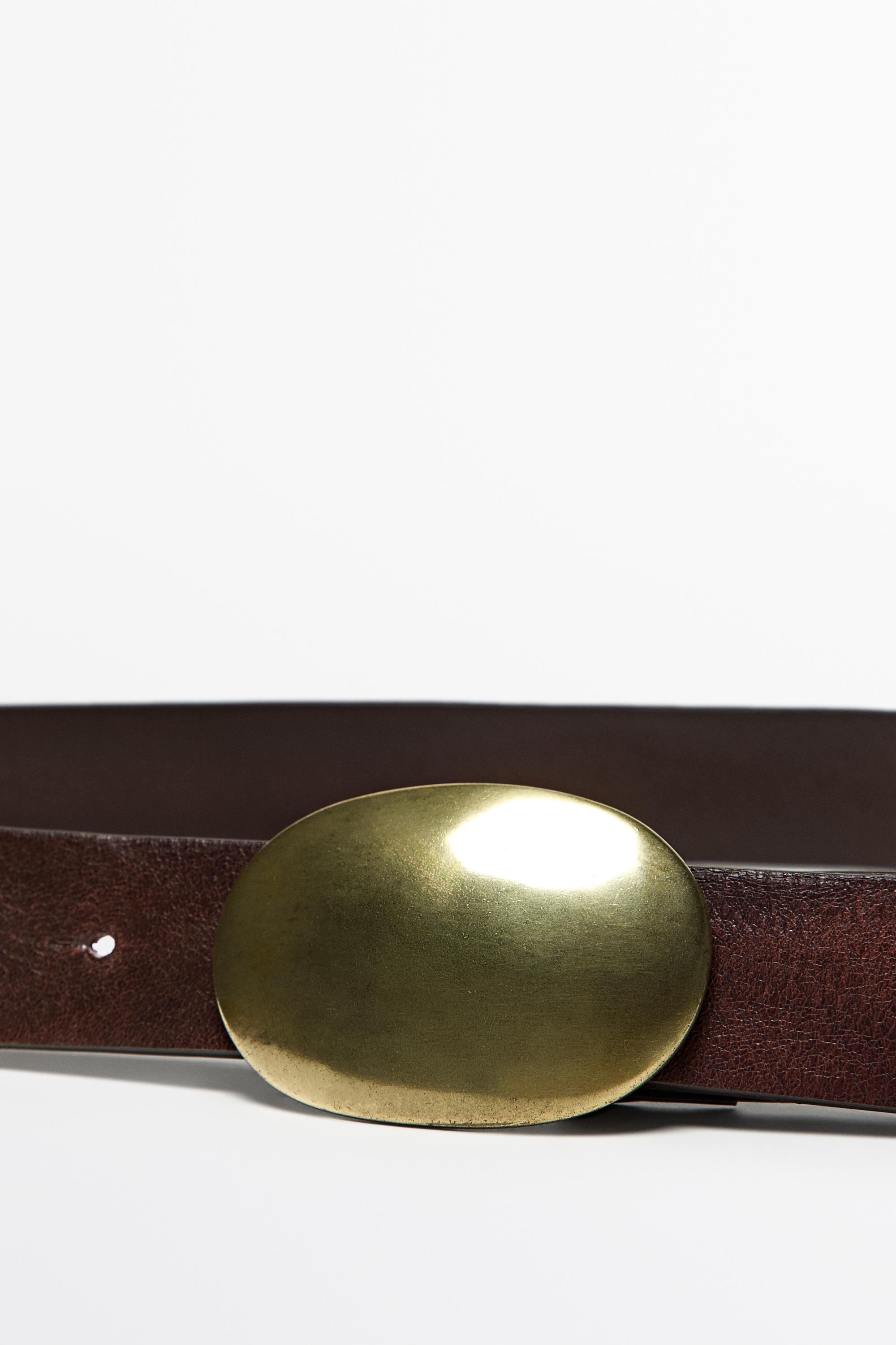 Nappa leather belt with metal plate buckle Brown