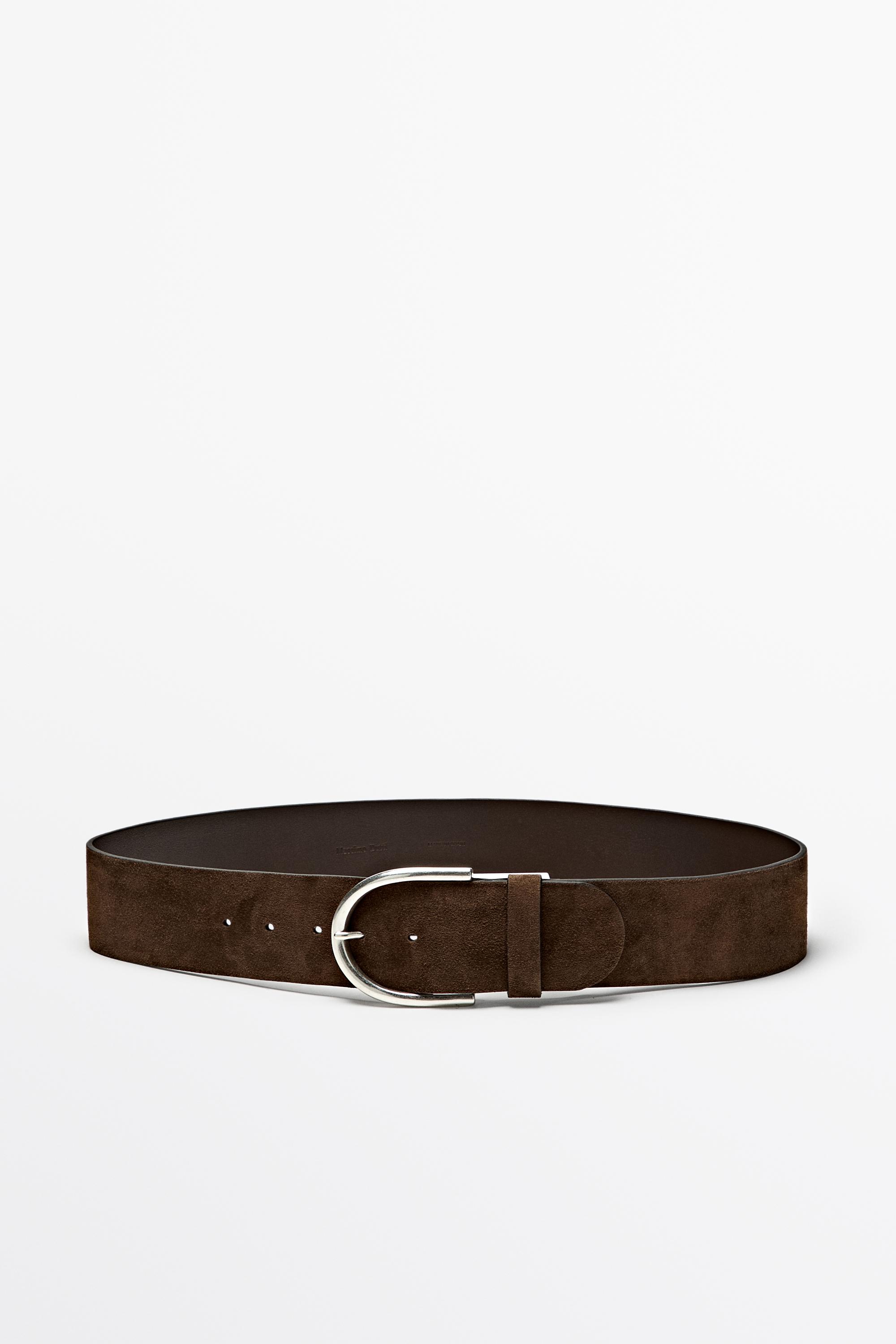 Split suede leather belt with metallic buckle Khaki