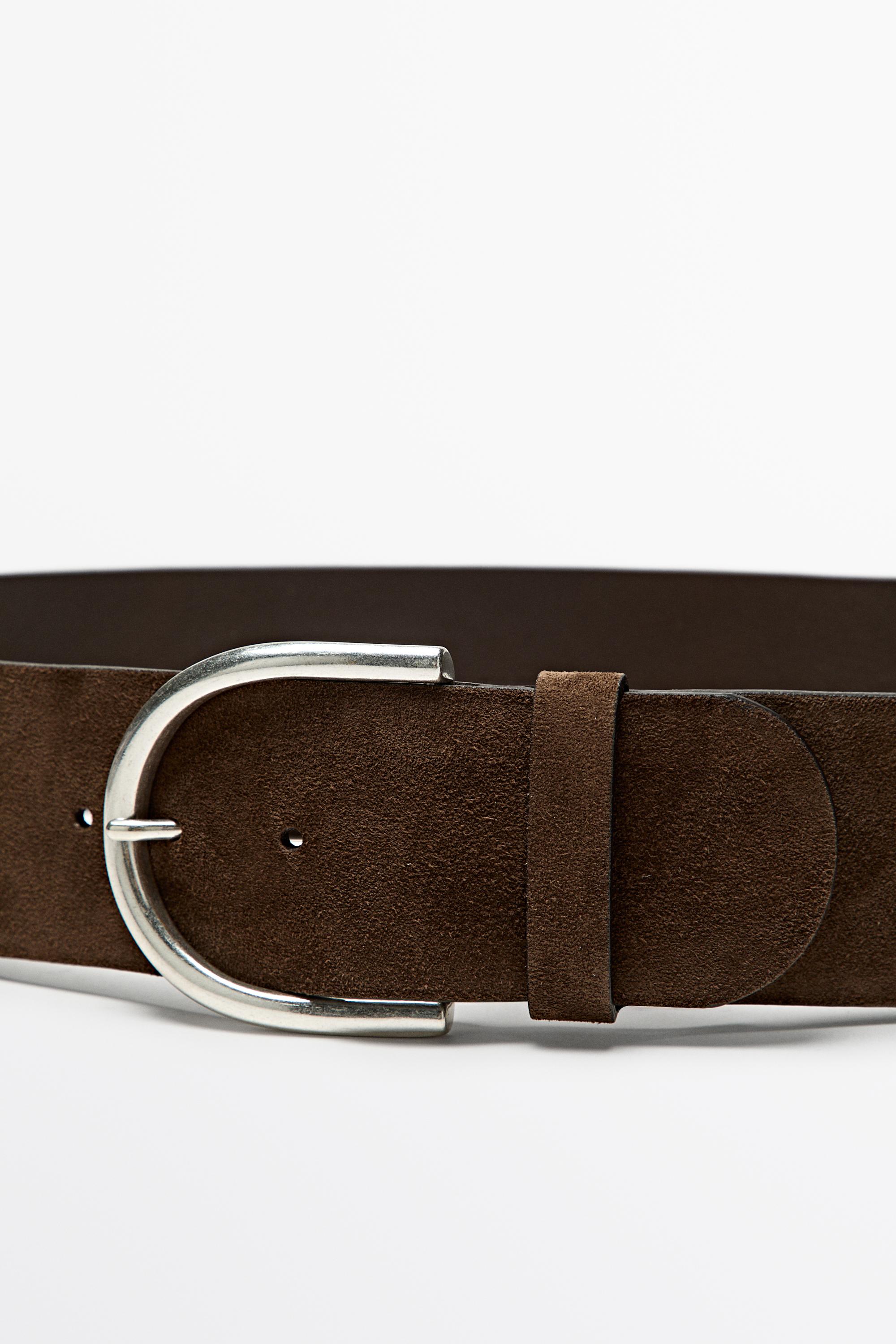 Split suede leather belt with metallic buckle Khaki
