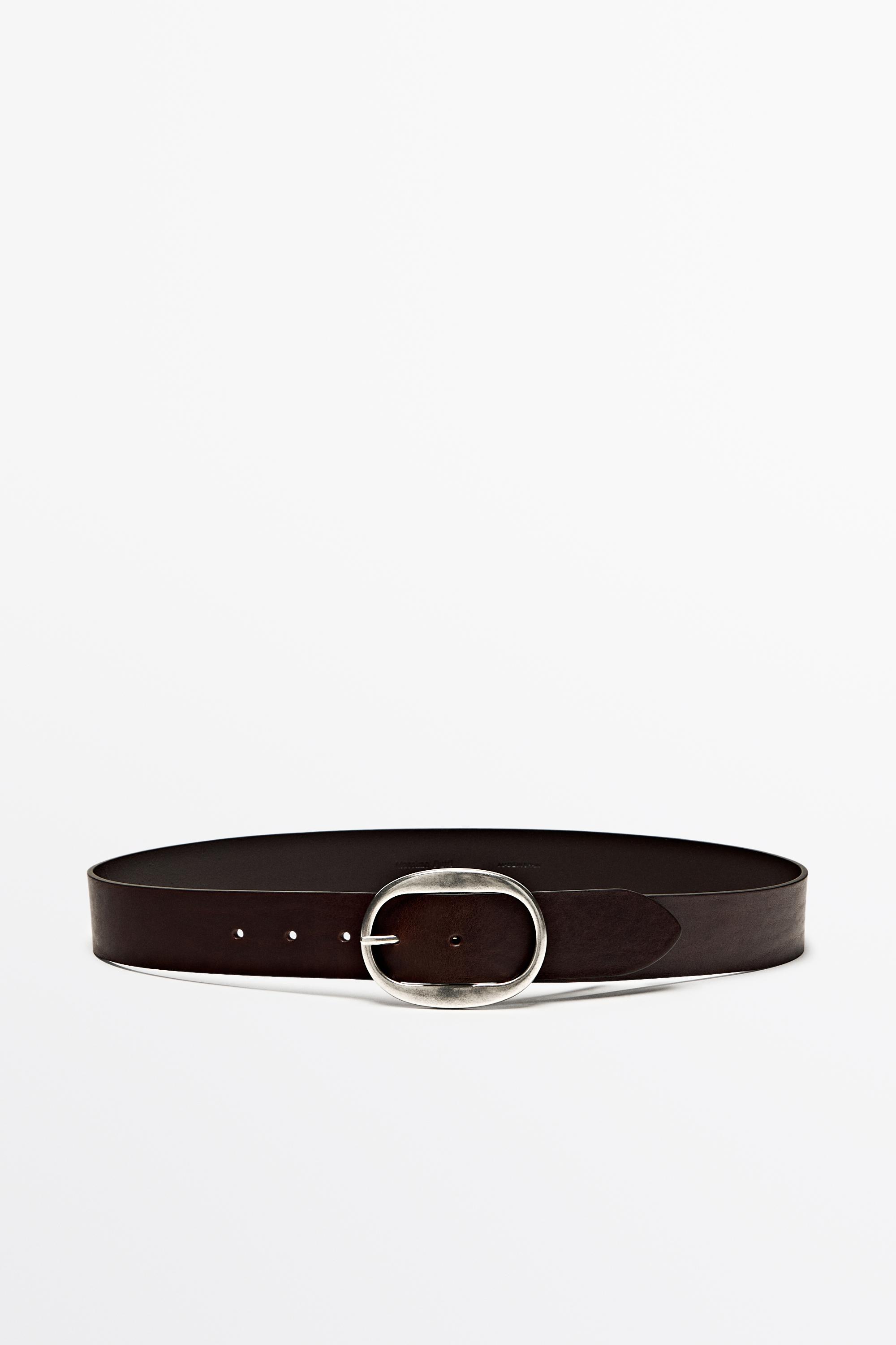 Nappa leather belt with oval buckle Brown