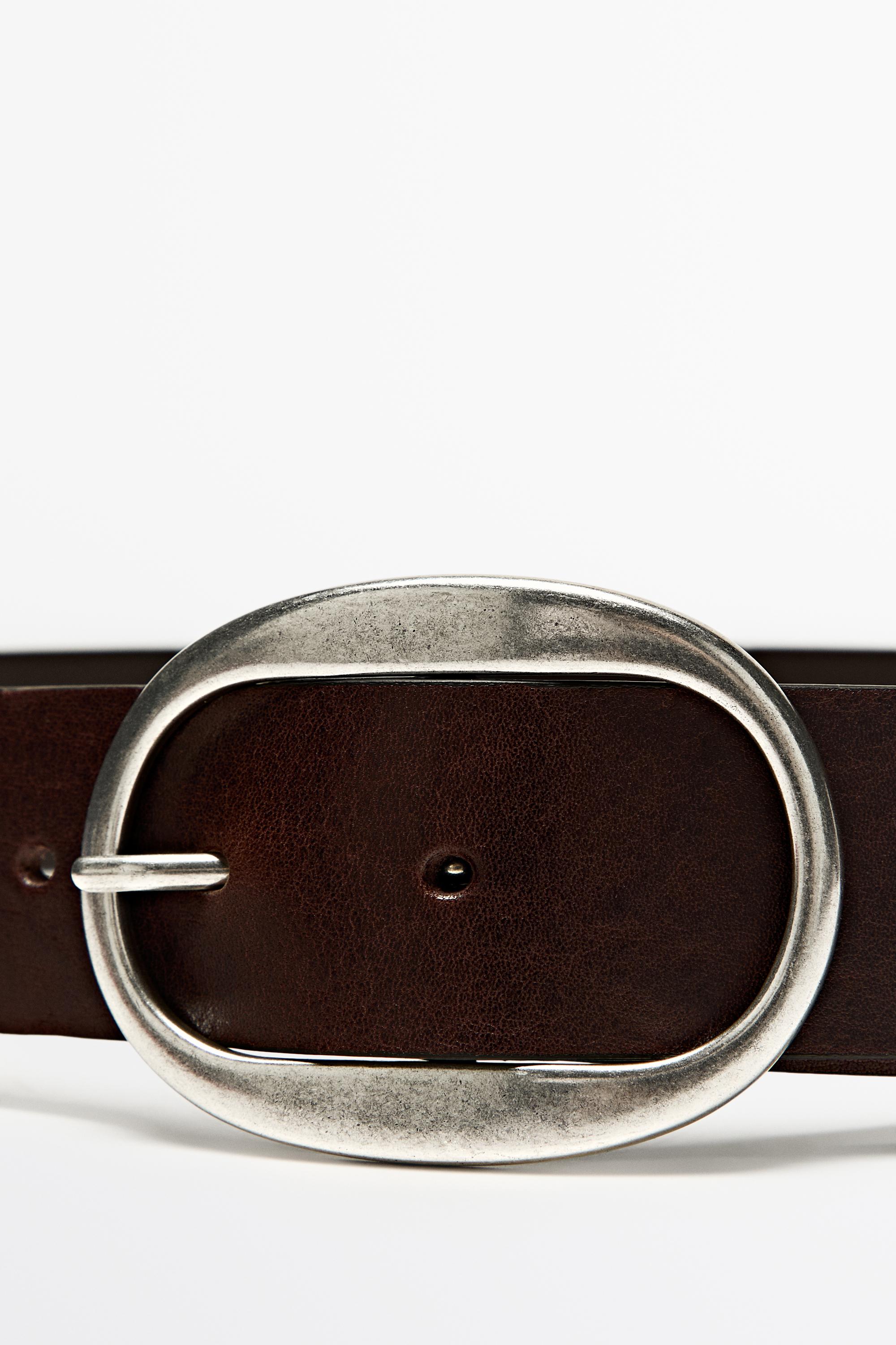 Nappa leather belt with oval buckle Brown