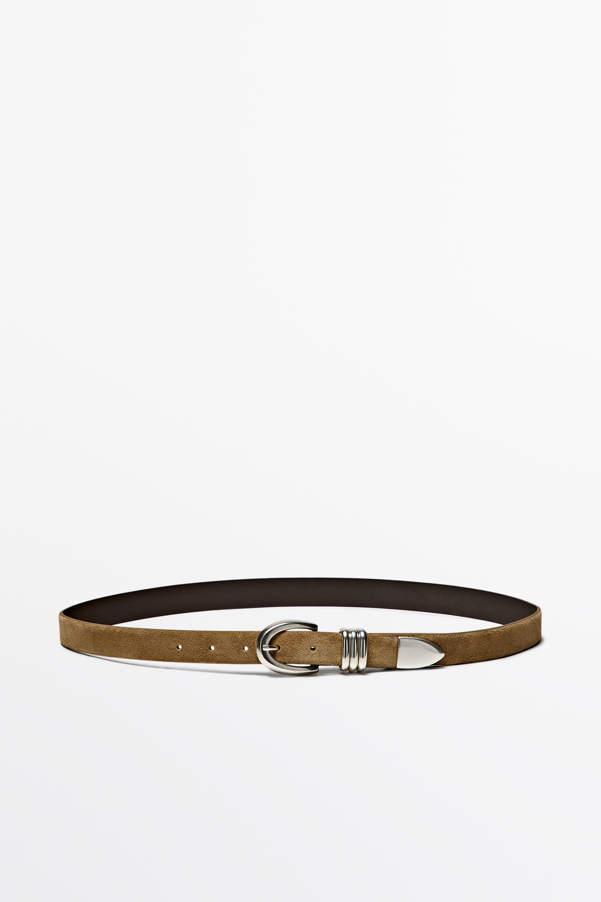 Split suede leather belt with metal detail Sand