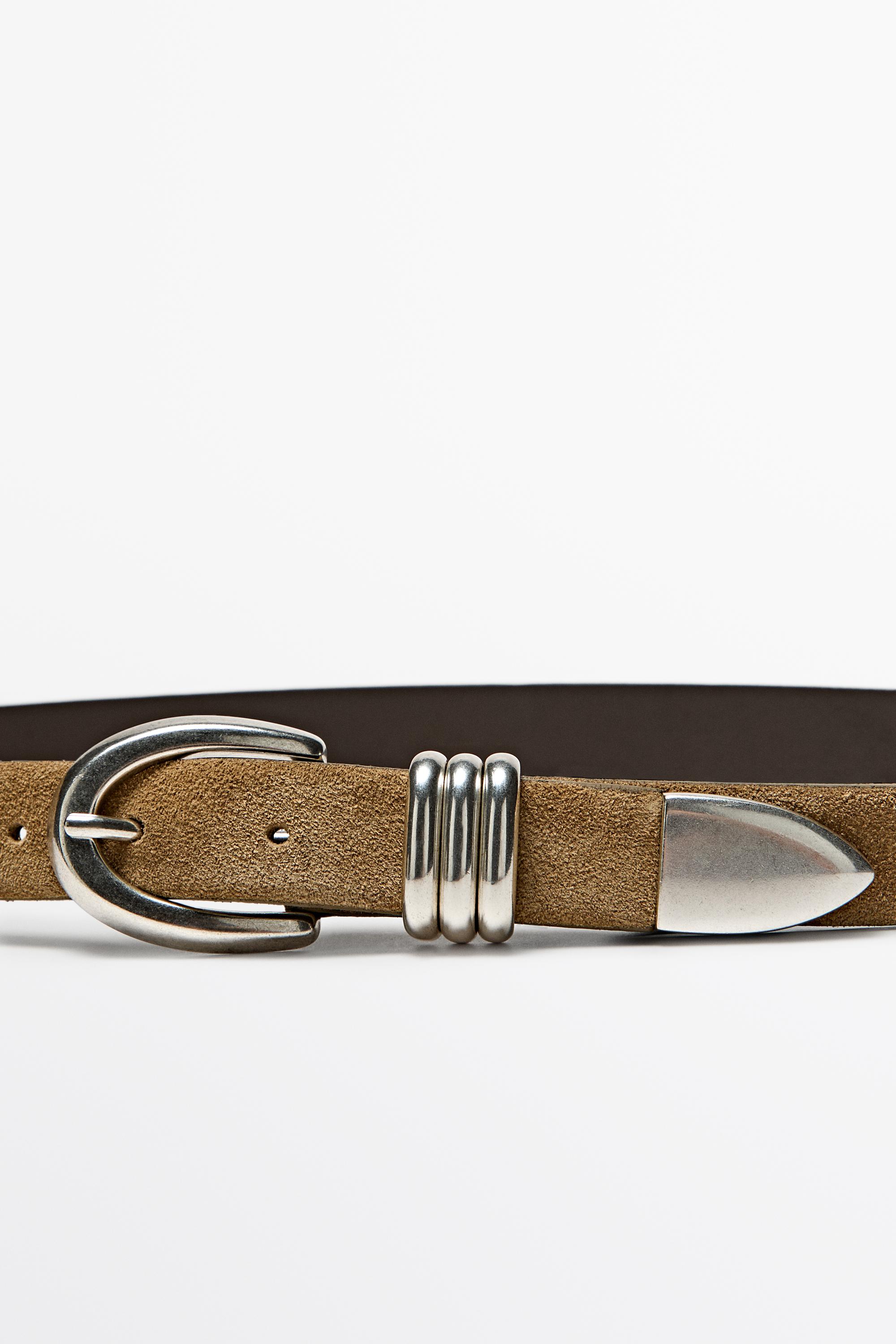 Split suede leather belt with metal detail Sand