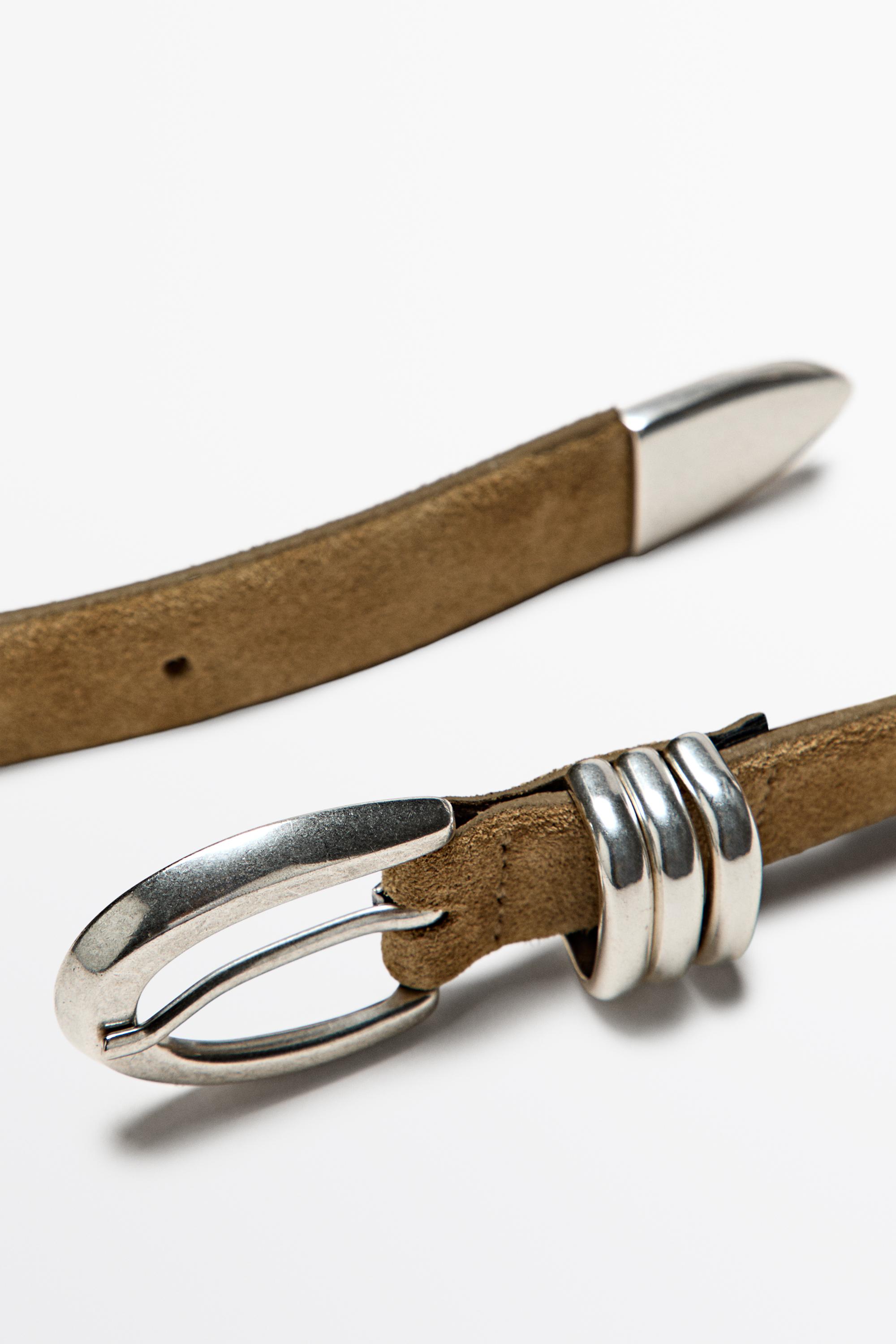 Split suede leather belt with metal detail Sand
