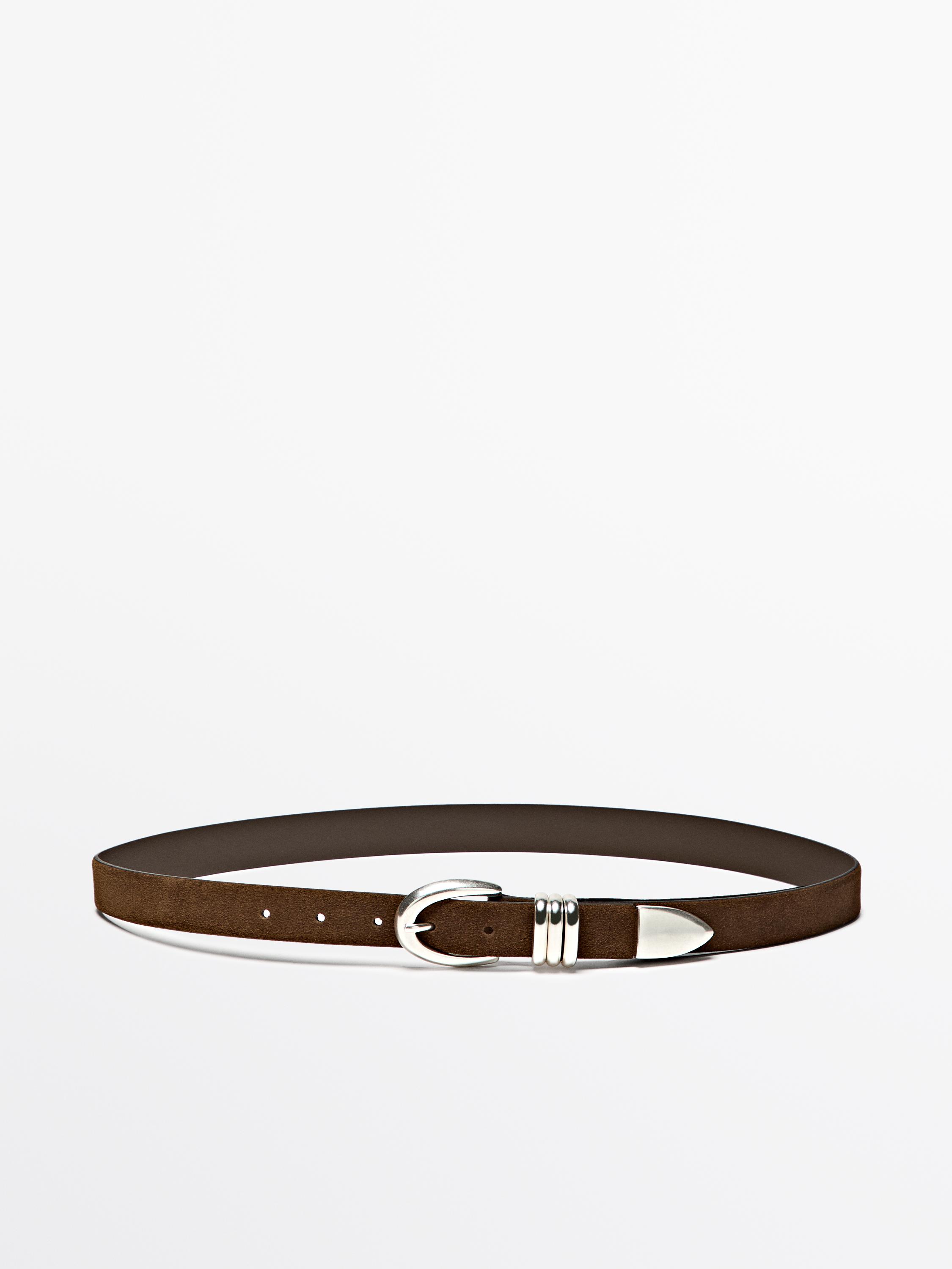 Split suede leather belt with metal detail Mole Brown