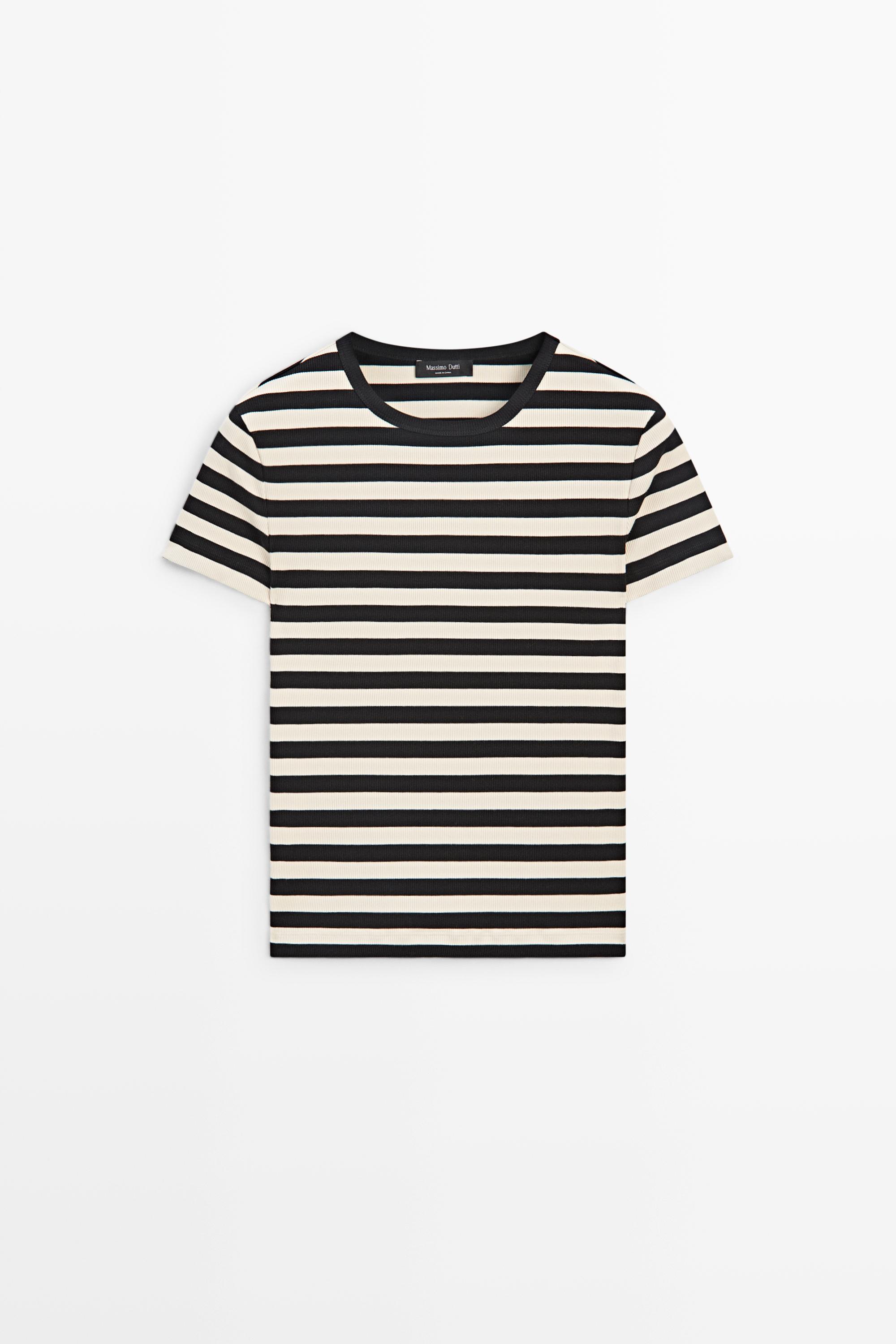 Short sleeve striped cotton blend T-shirt Black