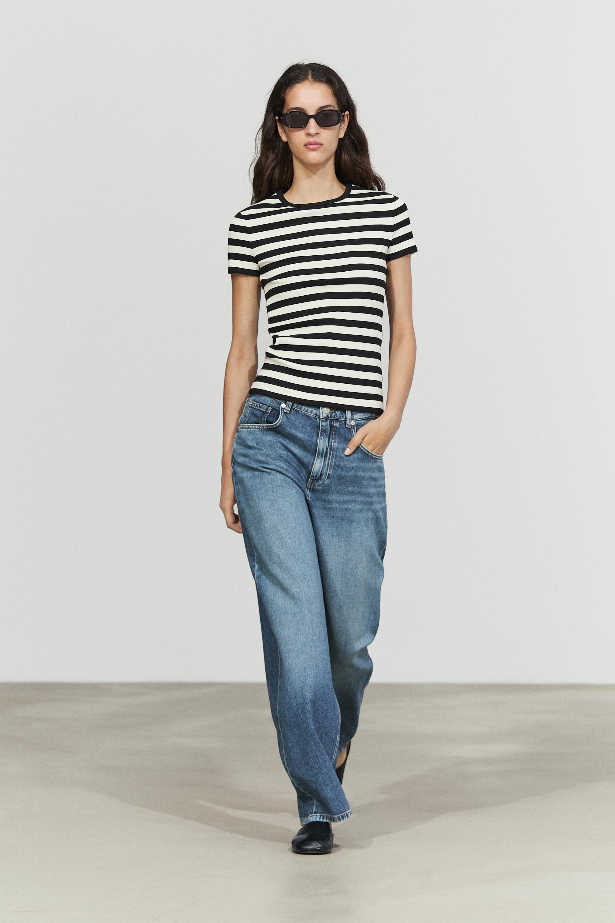 Short sleeve striped cotton blend T-shirt Black