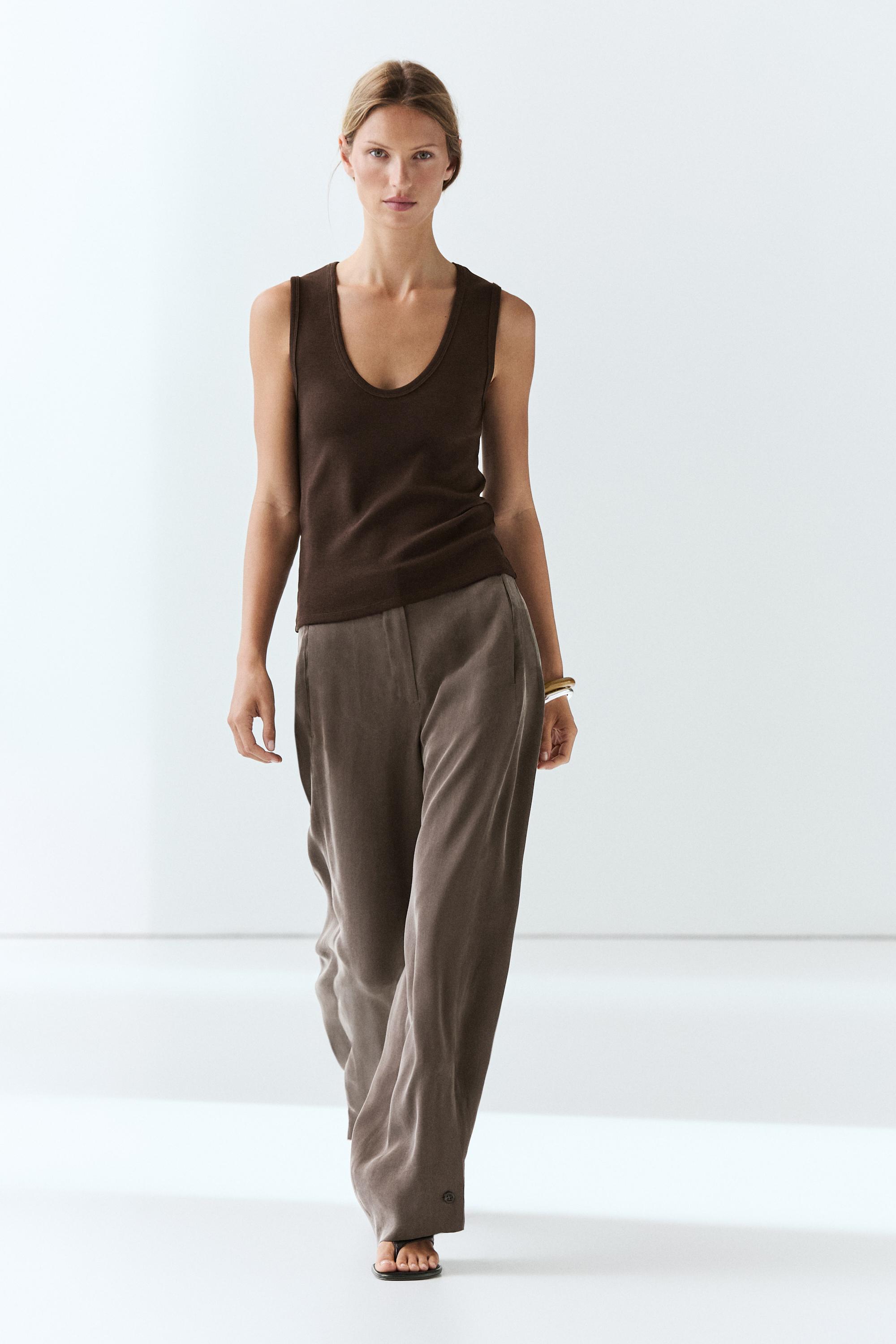 Cotton blend V-neck top Brown