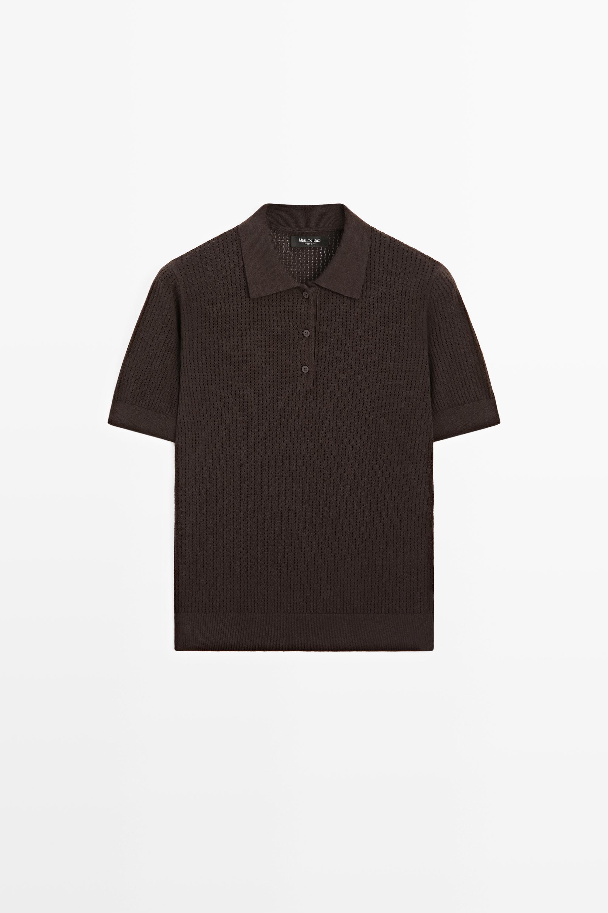 Cotton blend open-knit polo shirt Brown