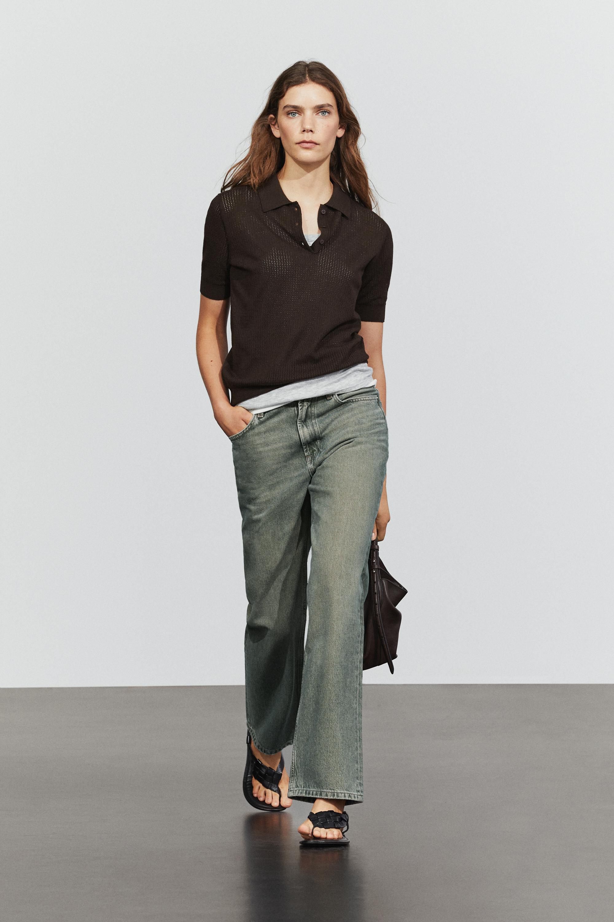 Cotton blend open-knit polo shirt Brown