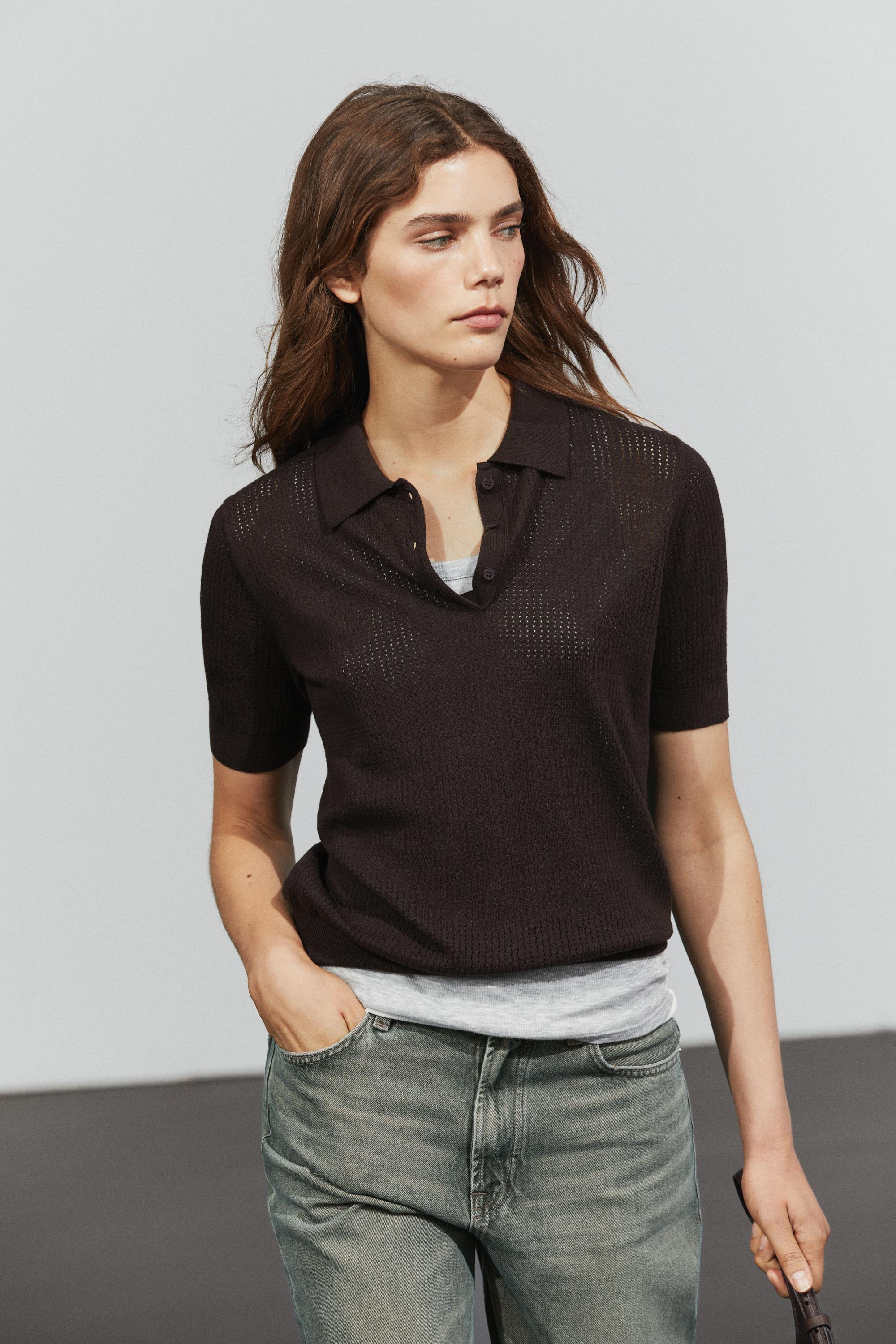 Cotton blend open-knit polo shirt Brown