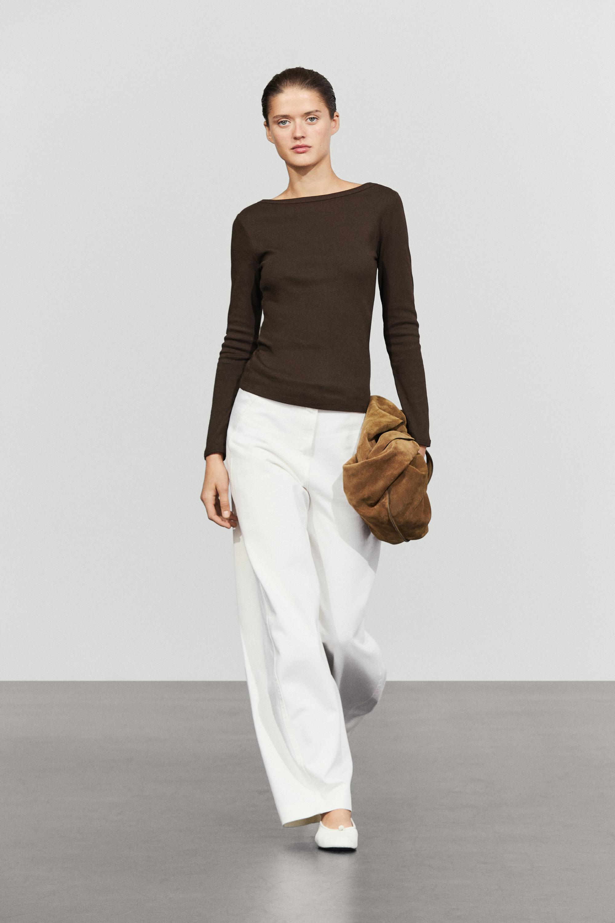 Long Sleeve Boat Neck T-shirt Brown