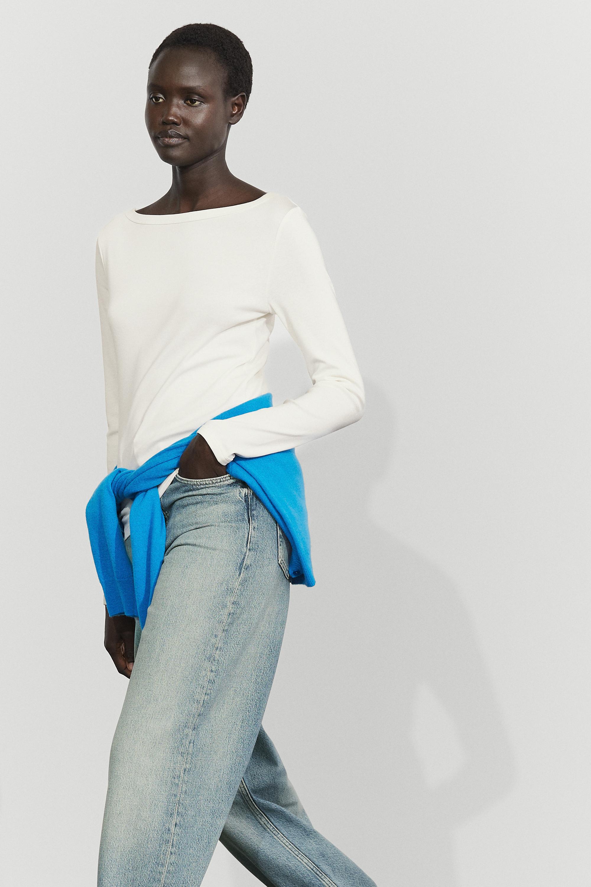 Long Sleeve Boat Neck T-shirt Cream