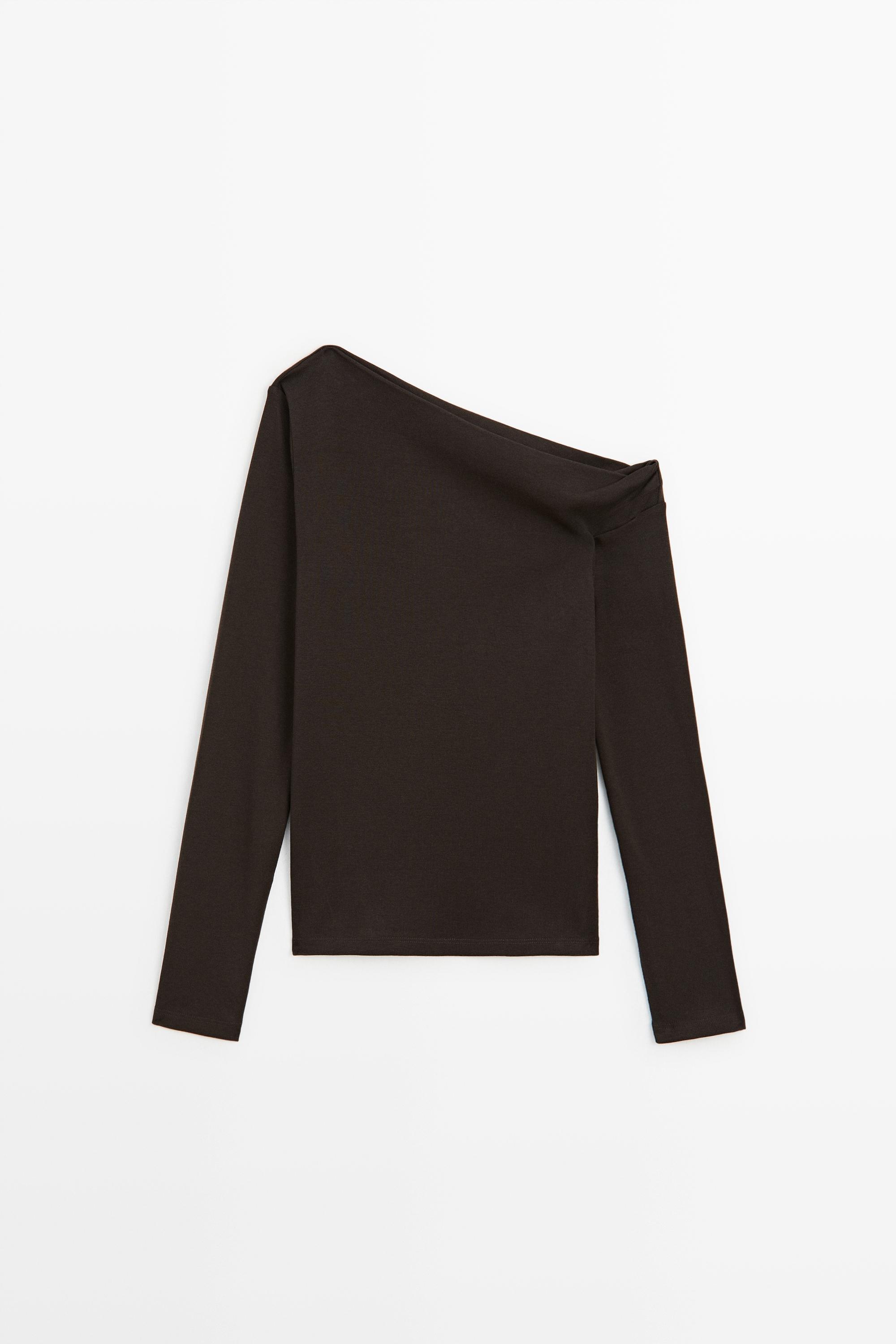 Draped shoulder detail T-shirt Brown