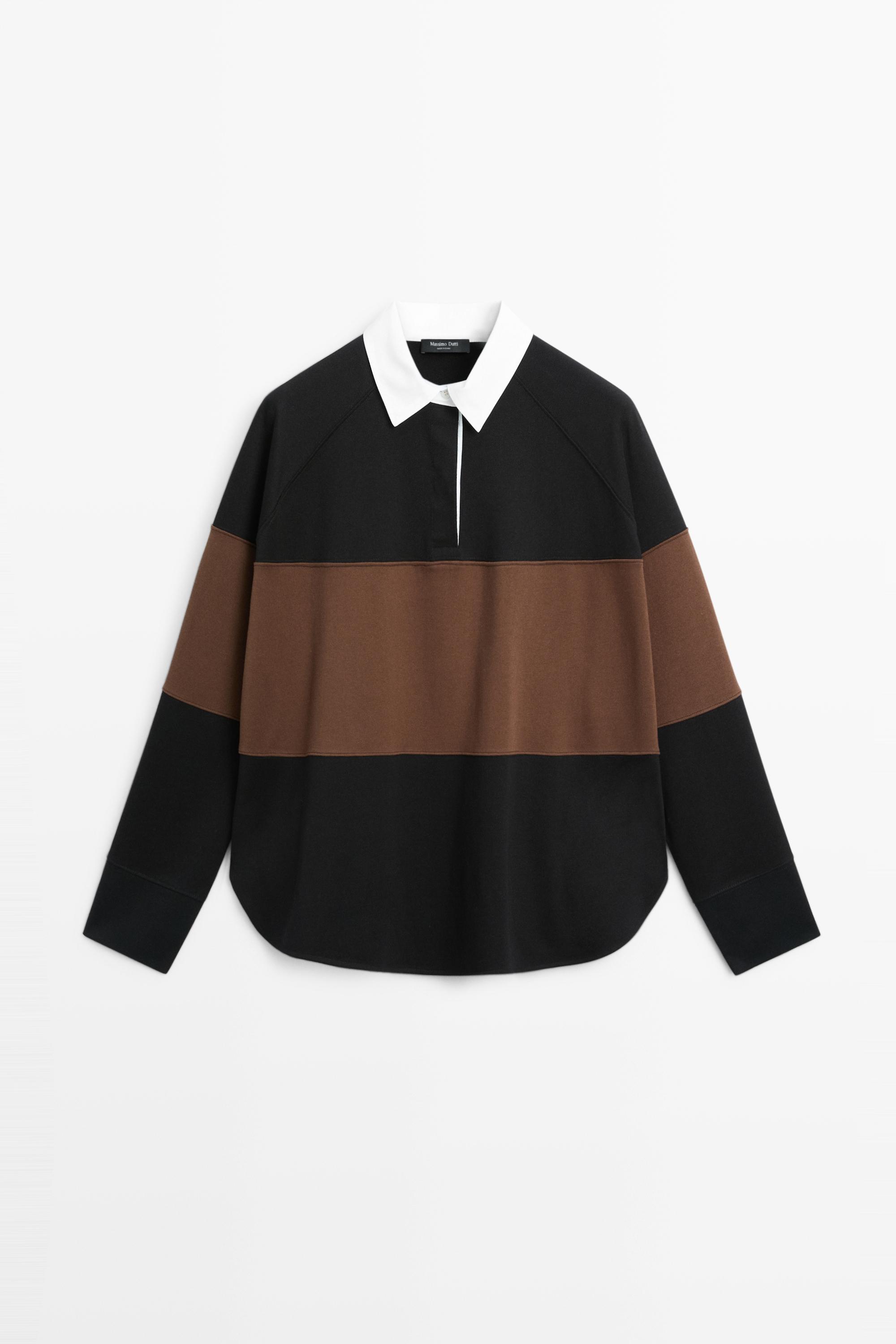 Oversize 100% cotton wide-stripe polo shirt Black