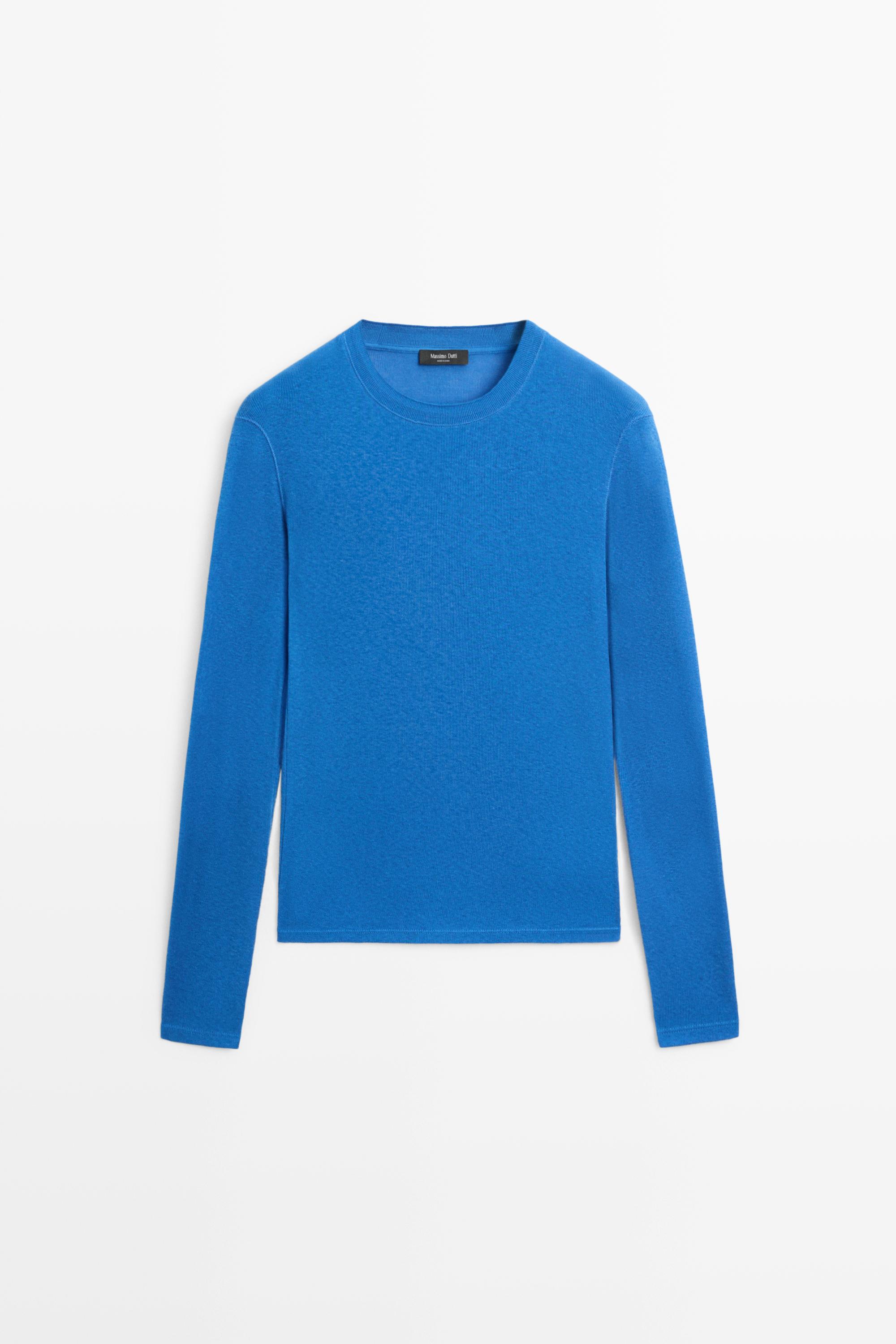 Cotton cashmere blend knit T-shirt Bluish