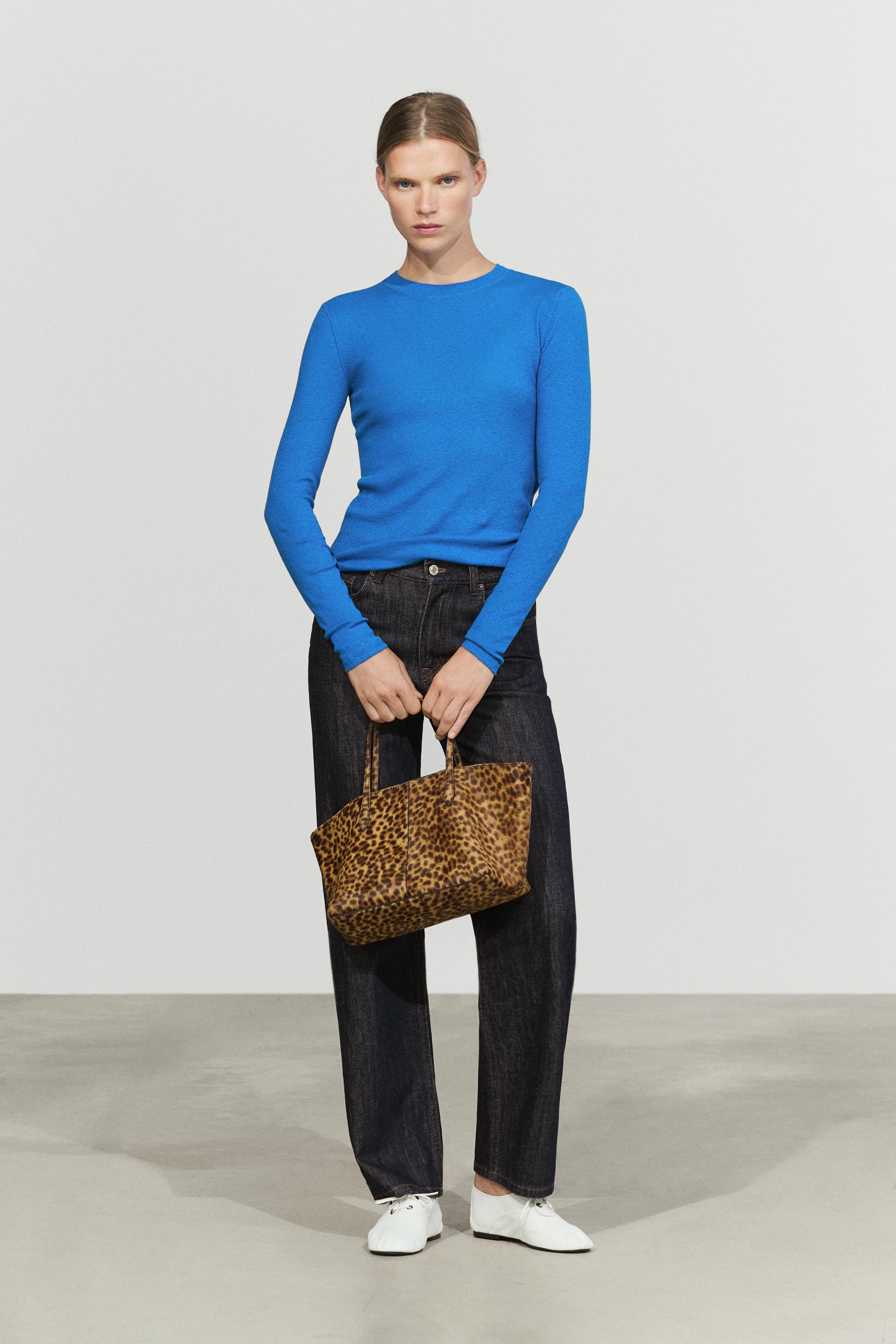 Cotton cashmere blend knit T-shirt Bluish