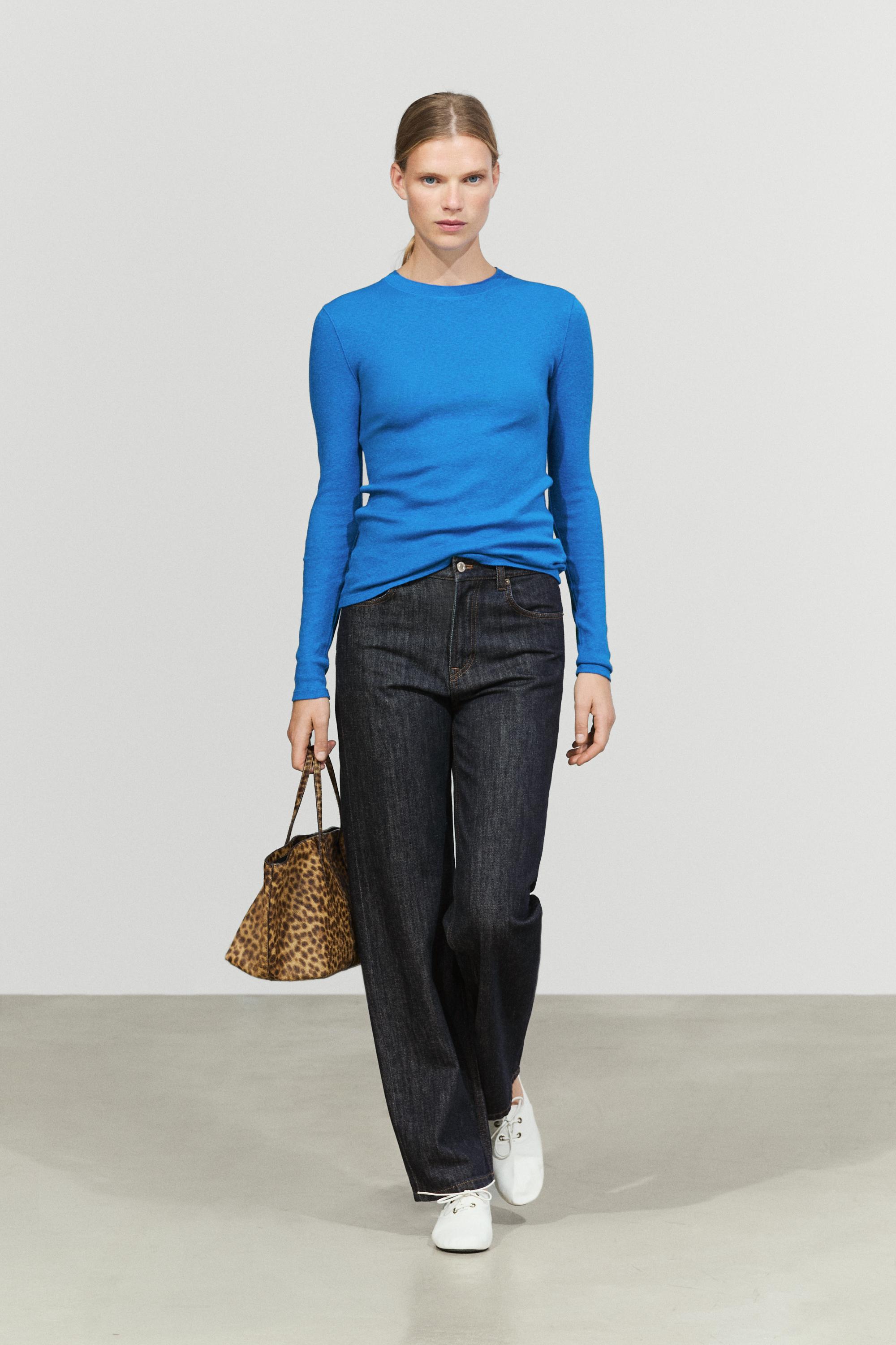 Cotton cashmere blend knit T-shirt Bluish