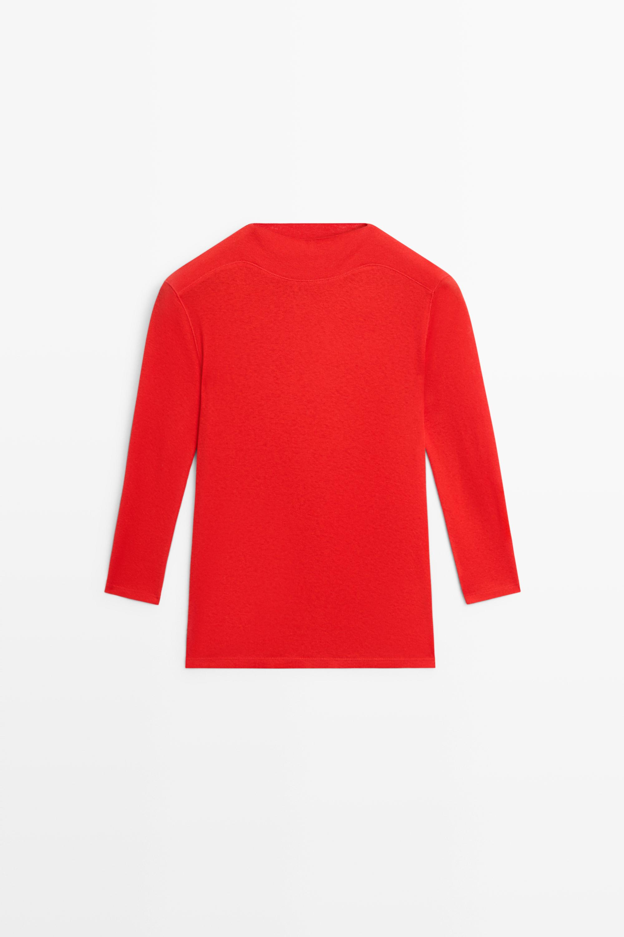 Mock neck elbow-sleeve T-shirt Red