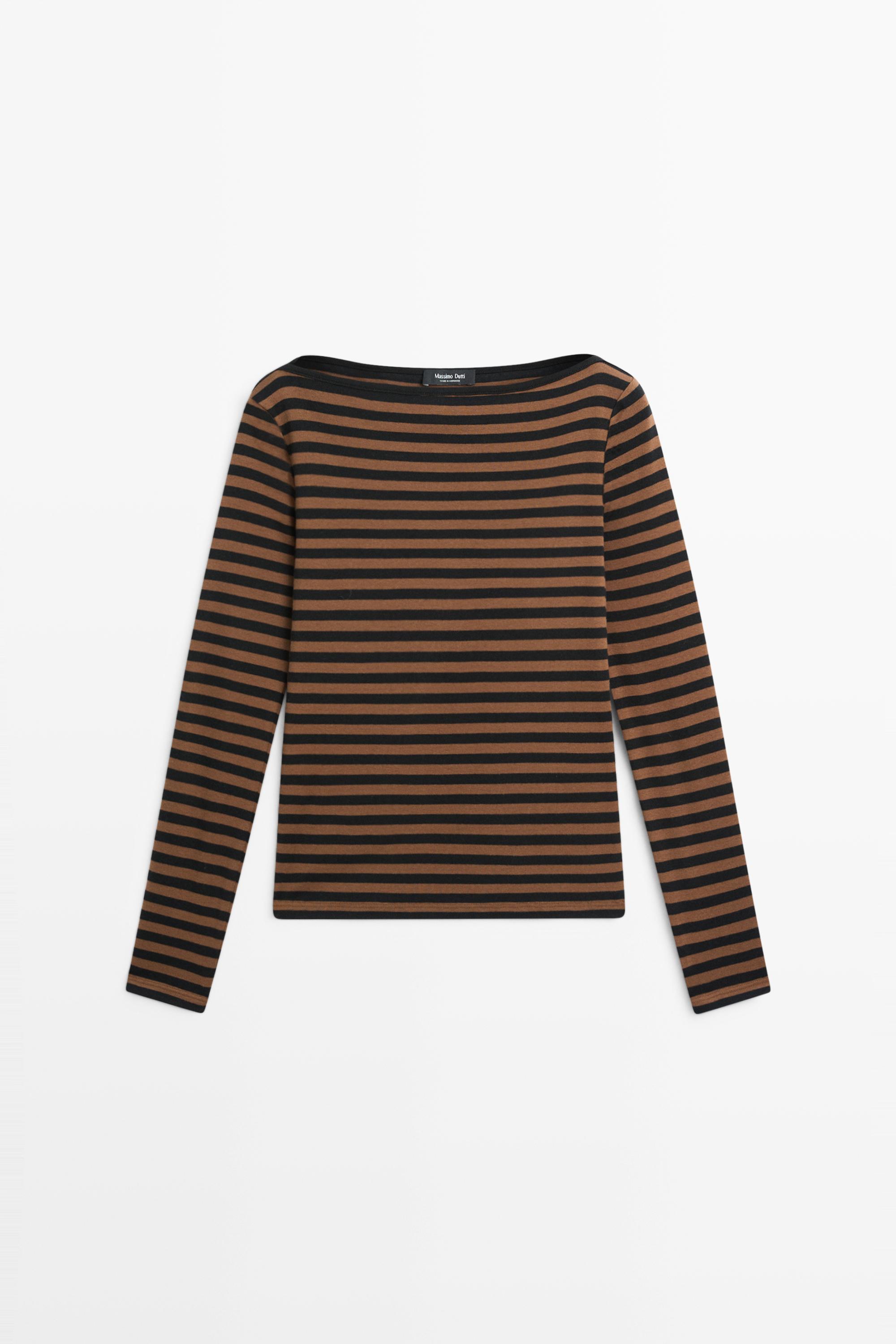 100% cotton striped boat neck T-shirt Mole Brown