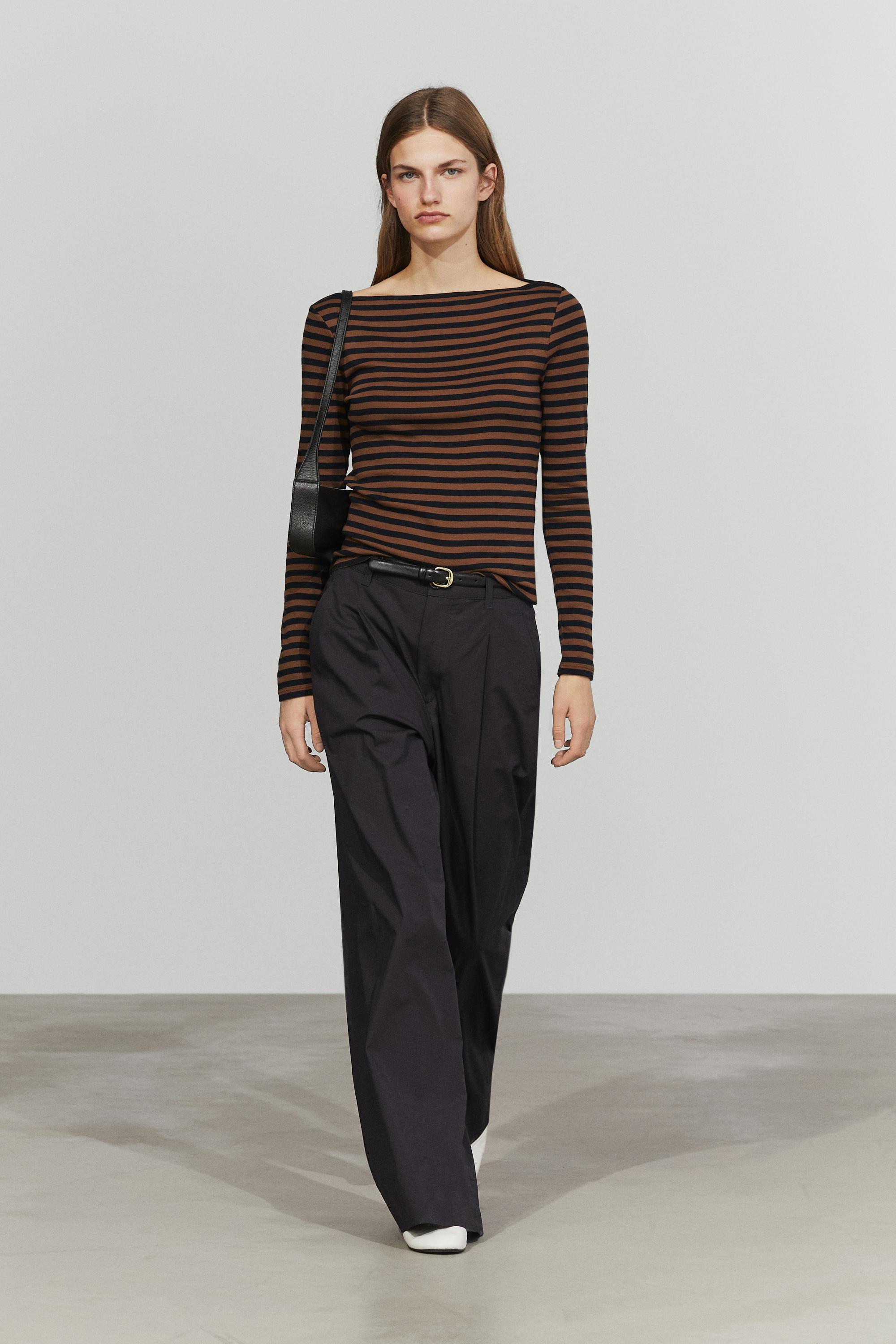 100% cotton striped boat neck T-shirt Mole Brown