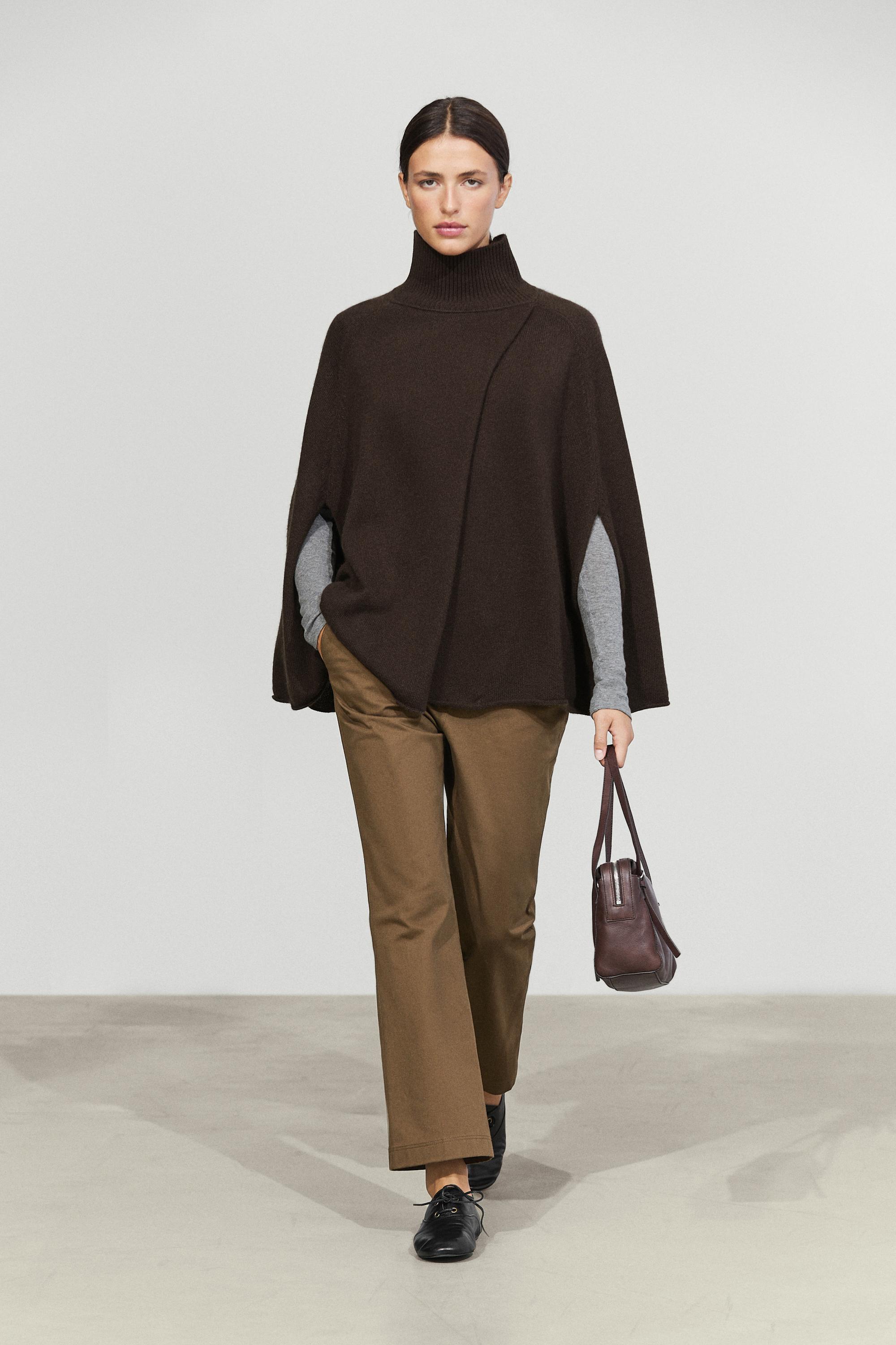 100% cashmere knit cape with wrap detail Brown
