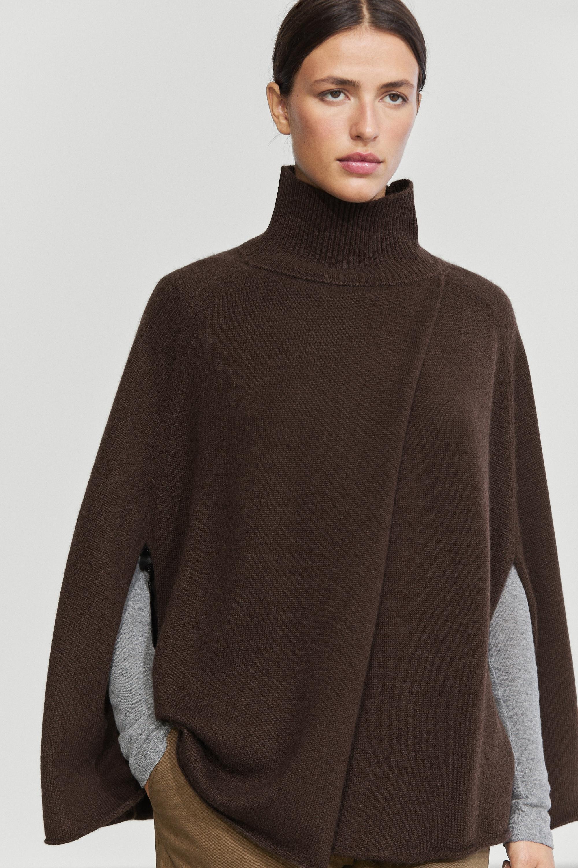 100% cashmere knit cape with wrap detail Brown