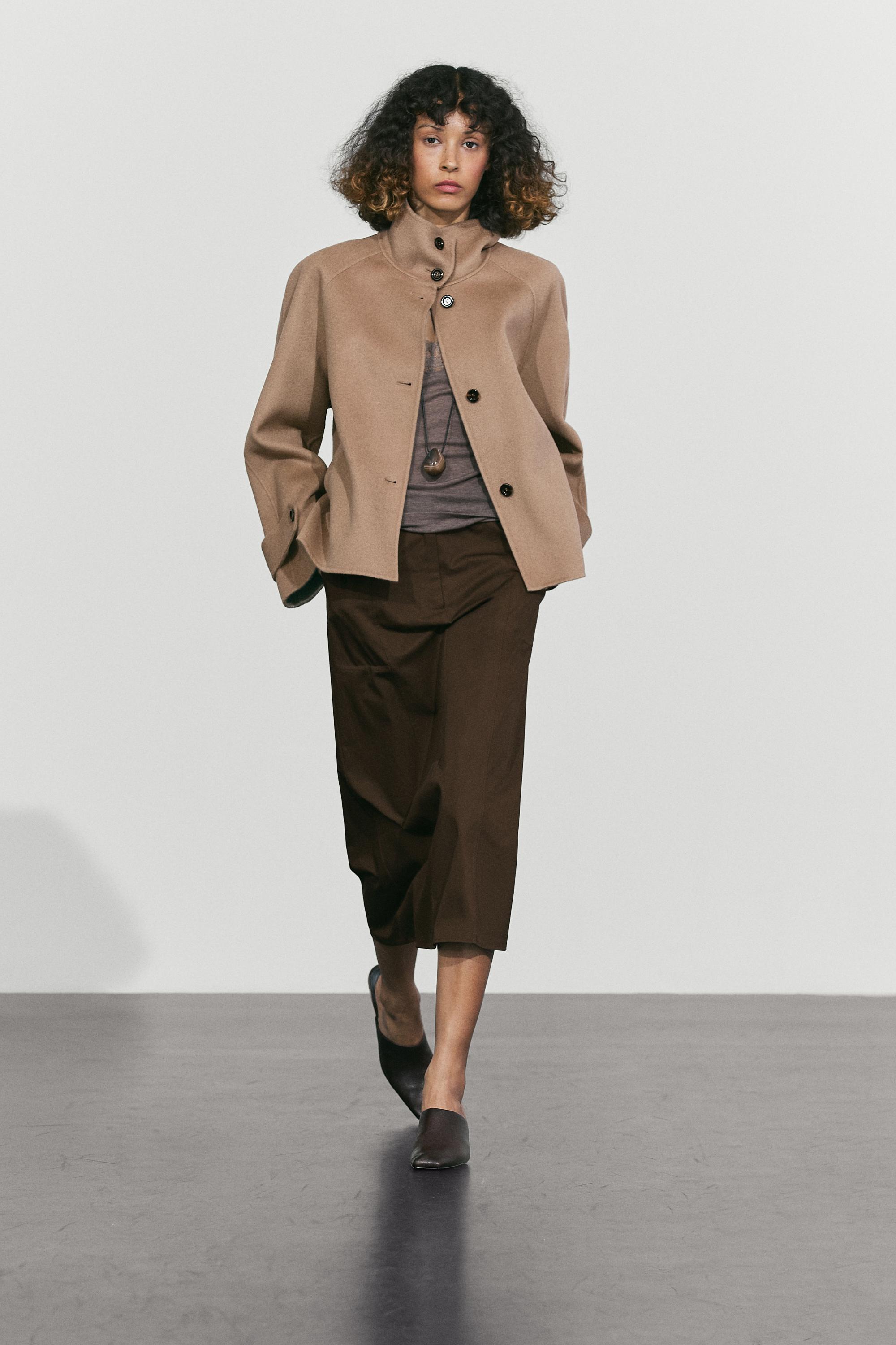Short stand-up collar wool blend coat Khaki
