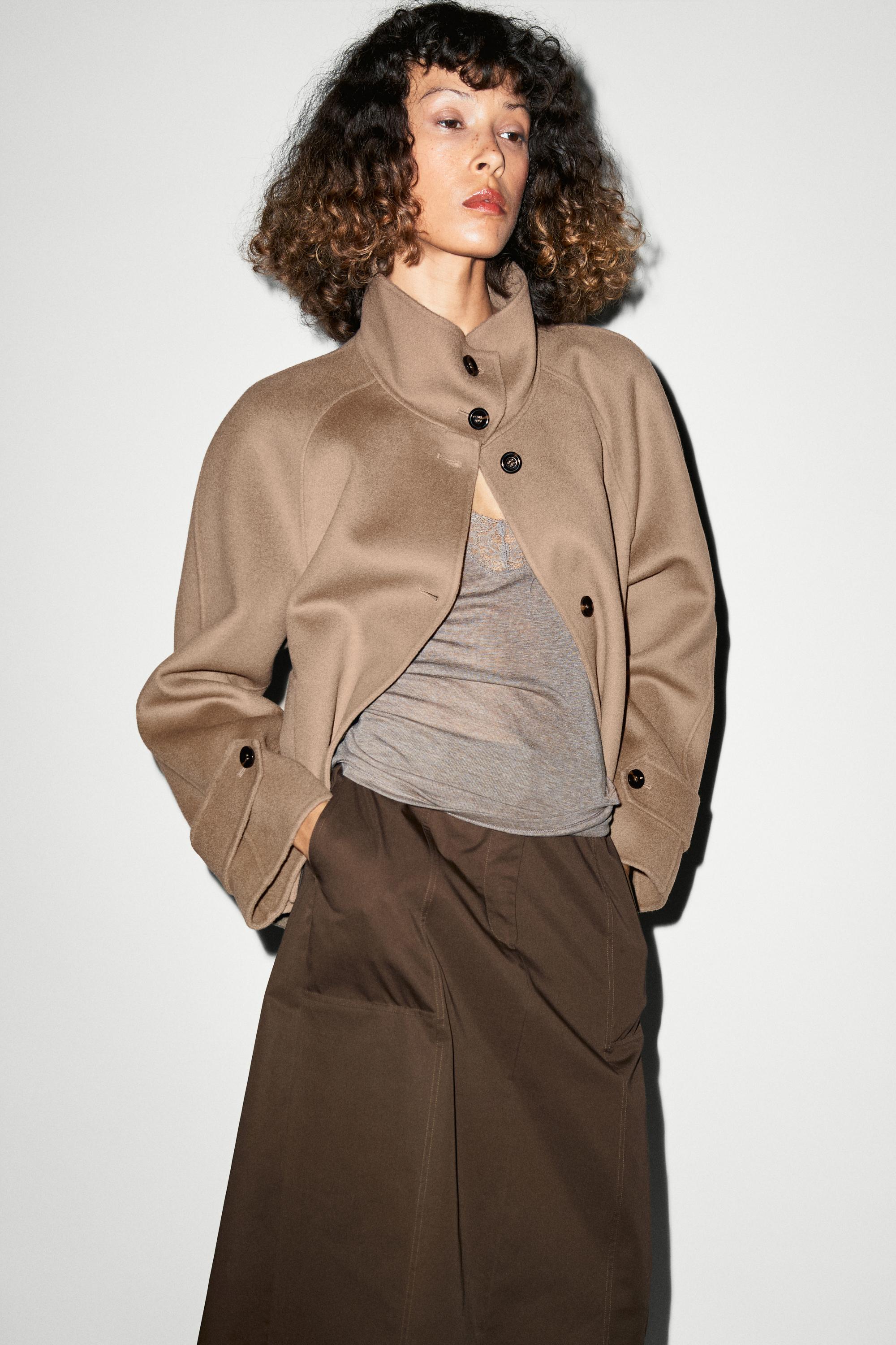 Short stand-up collar wool blend coat Khaki