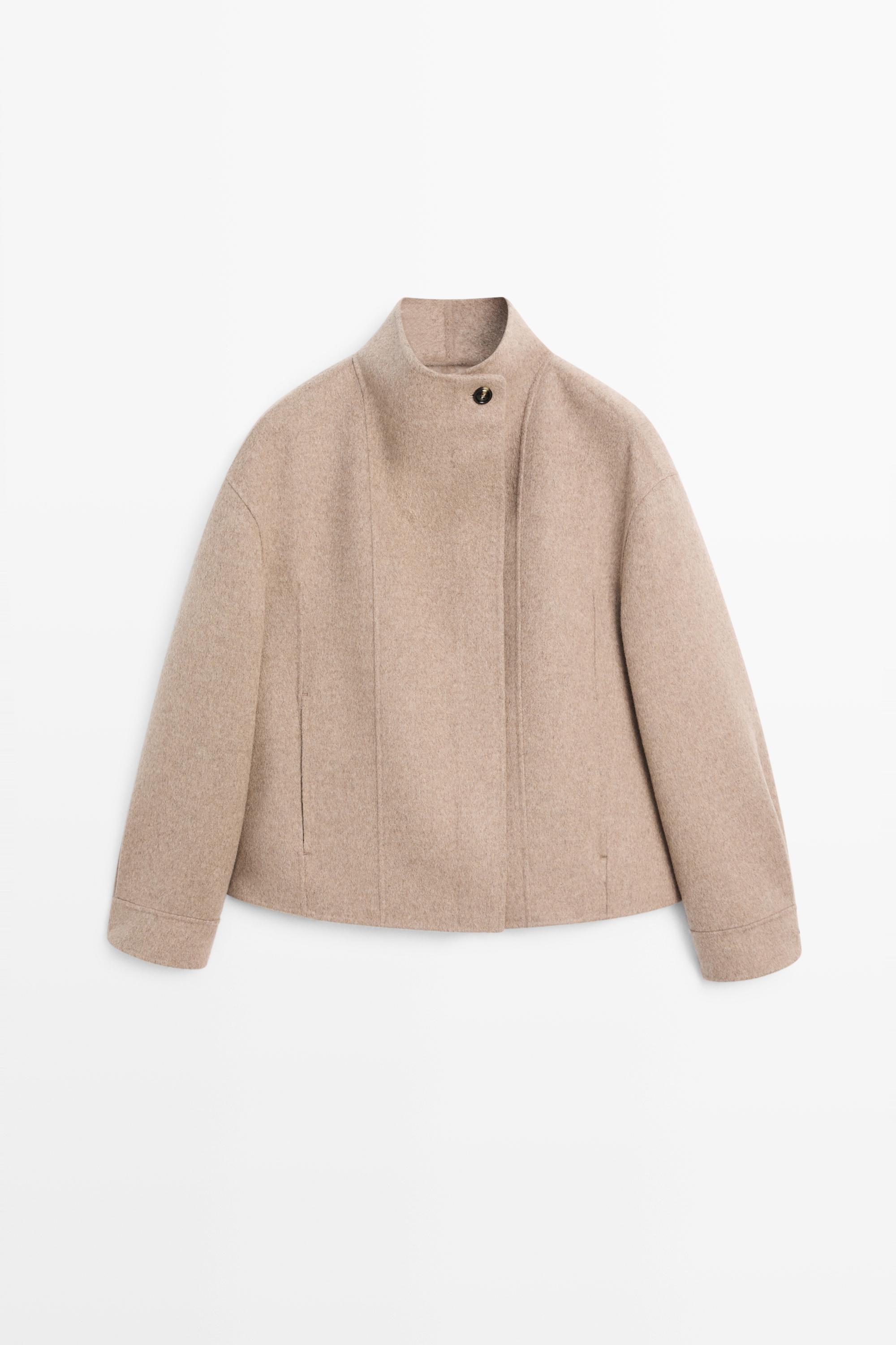 Short wool-blend coat with crossover collar Taupe Grey