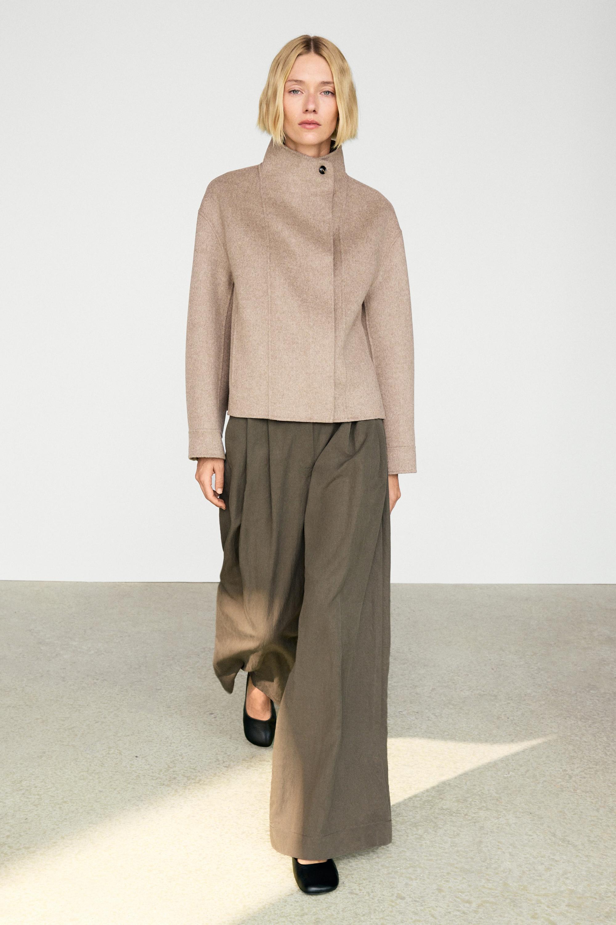 Short wool-blend coat with crossover collar Taupe Grey