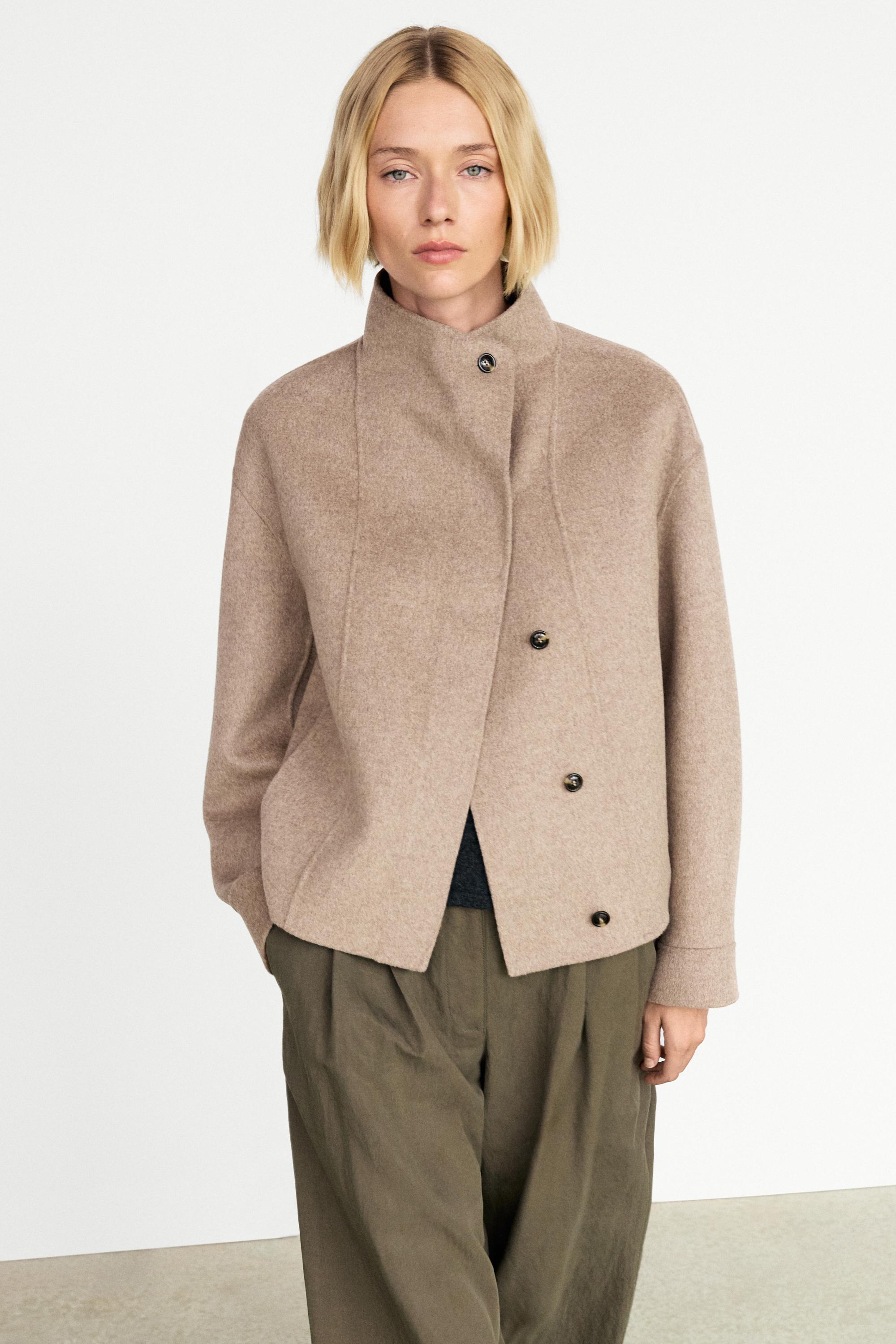 Short wool-blend coat with crossover collar Taupe Grey