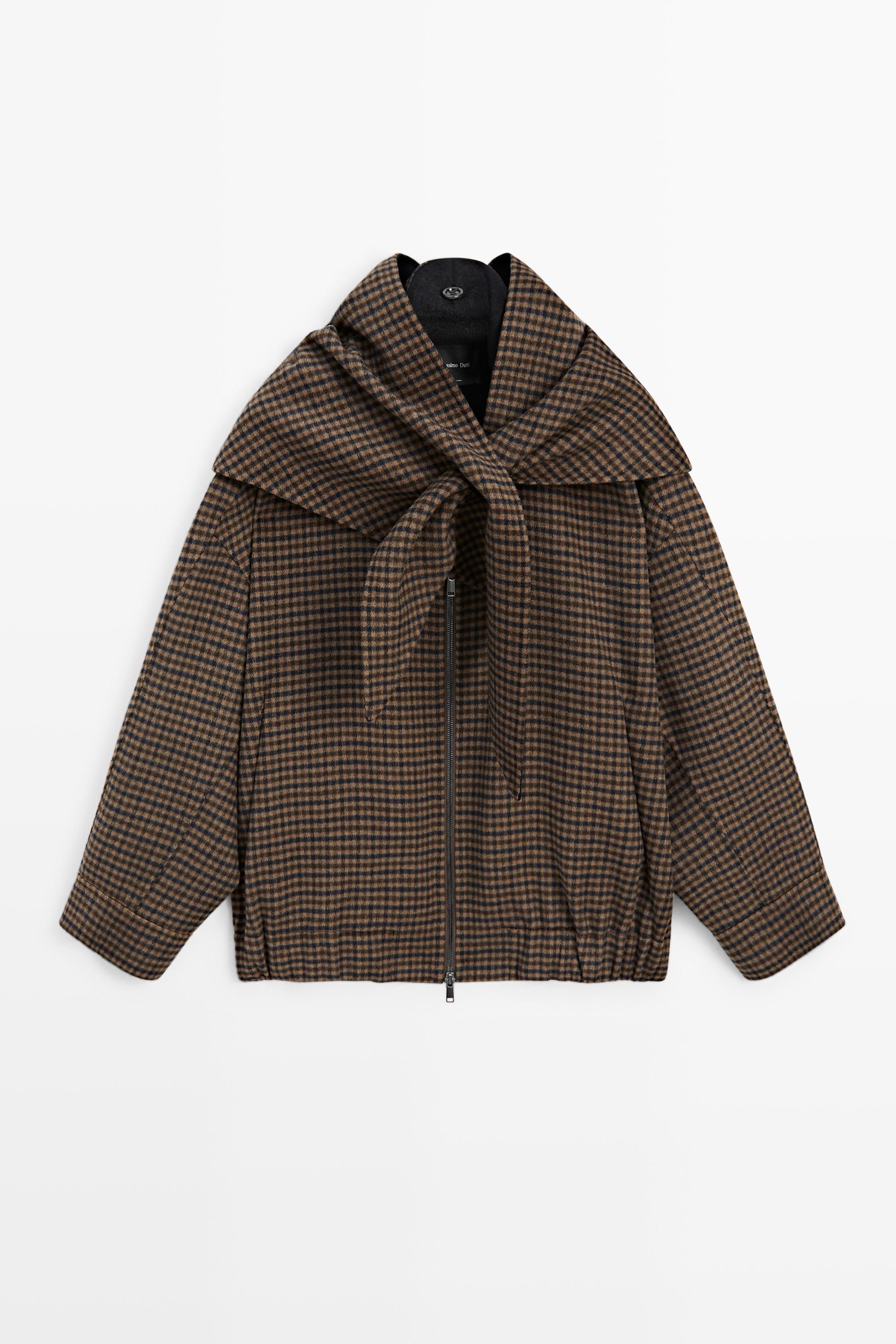 Gingham bomber jacket with removable scarf Brown