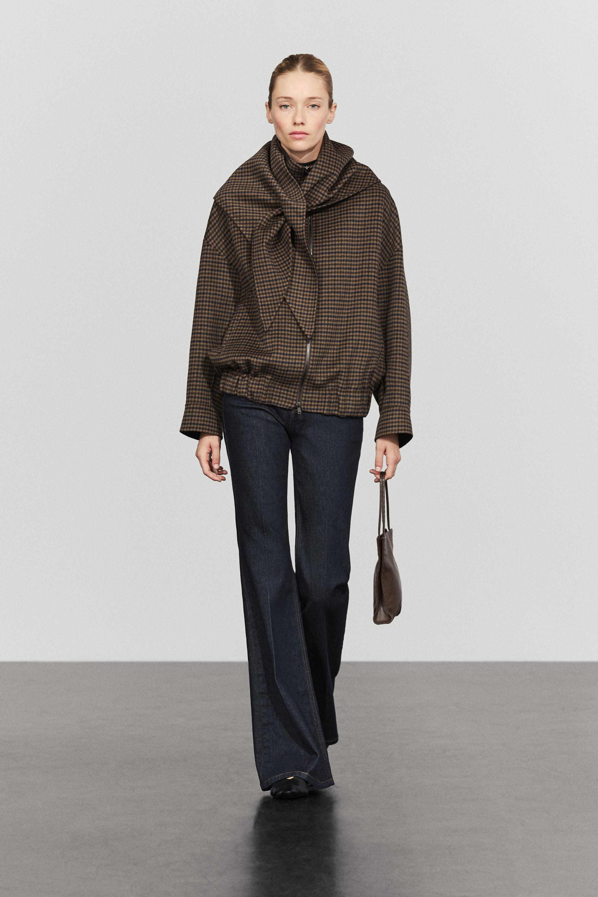 Gingham bomber jacket with removable scarf Brown