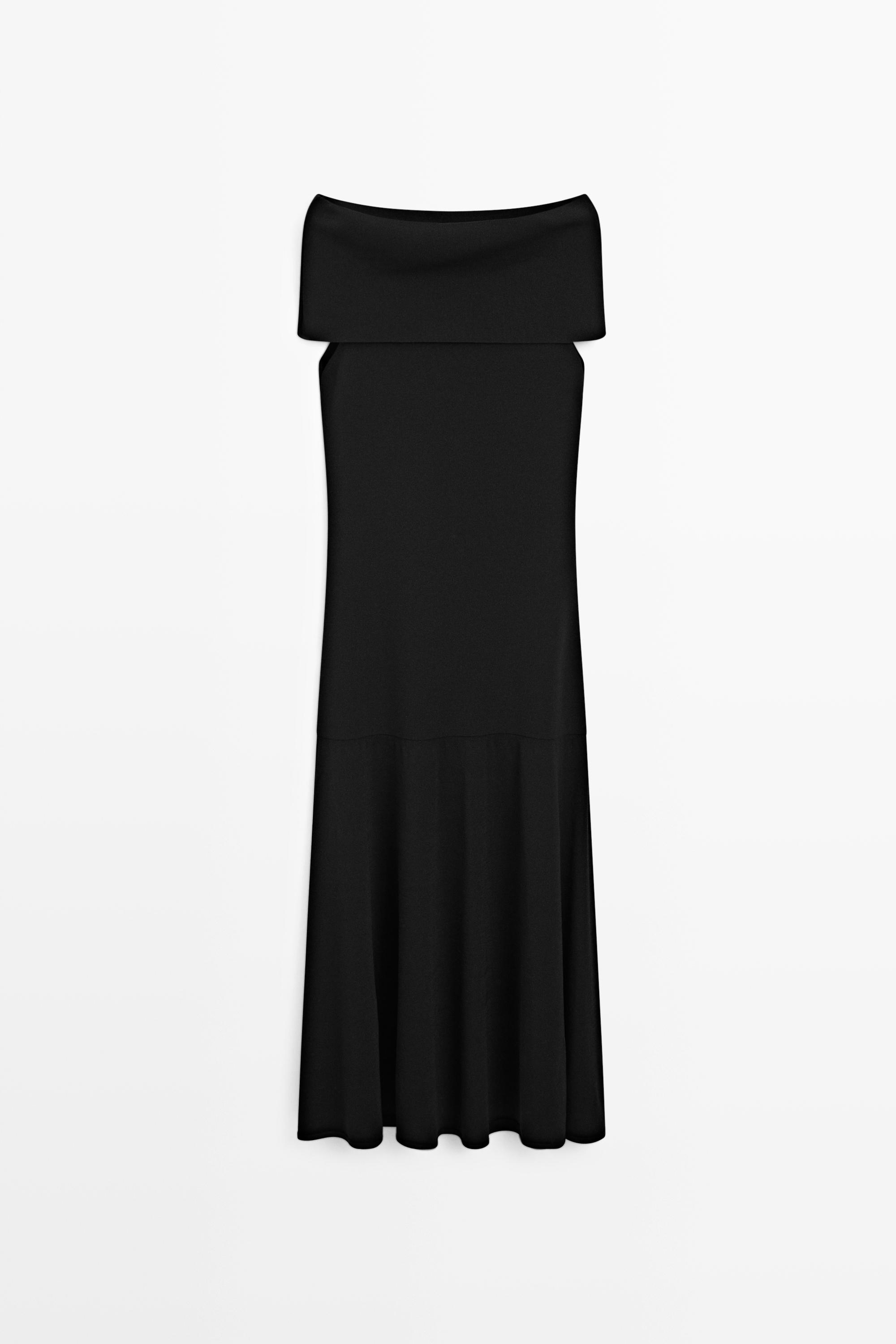 Knit midi dress with exposed shoulders Black