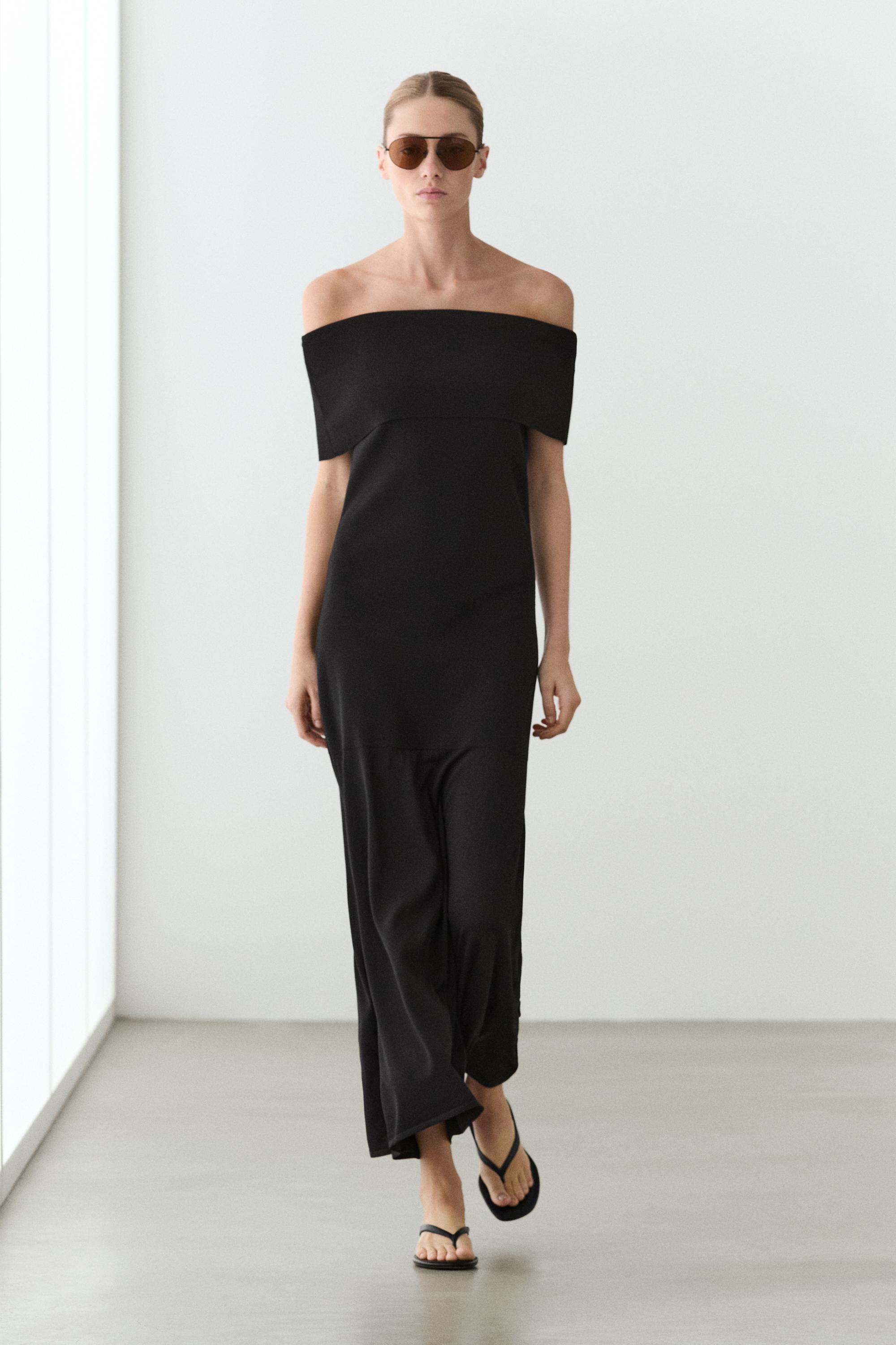 Knit midi dress with exposed shoulders Black