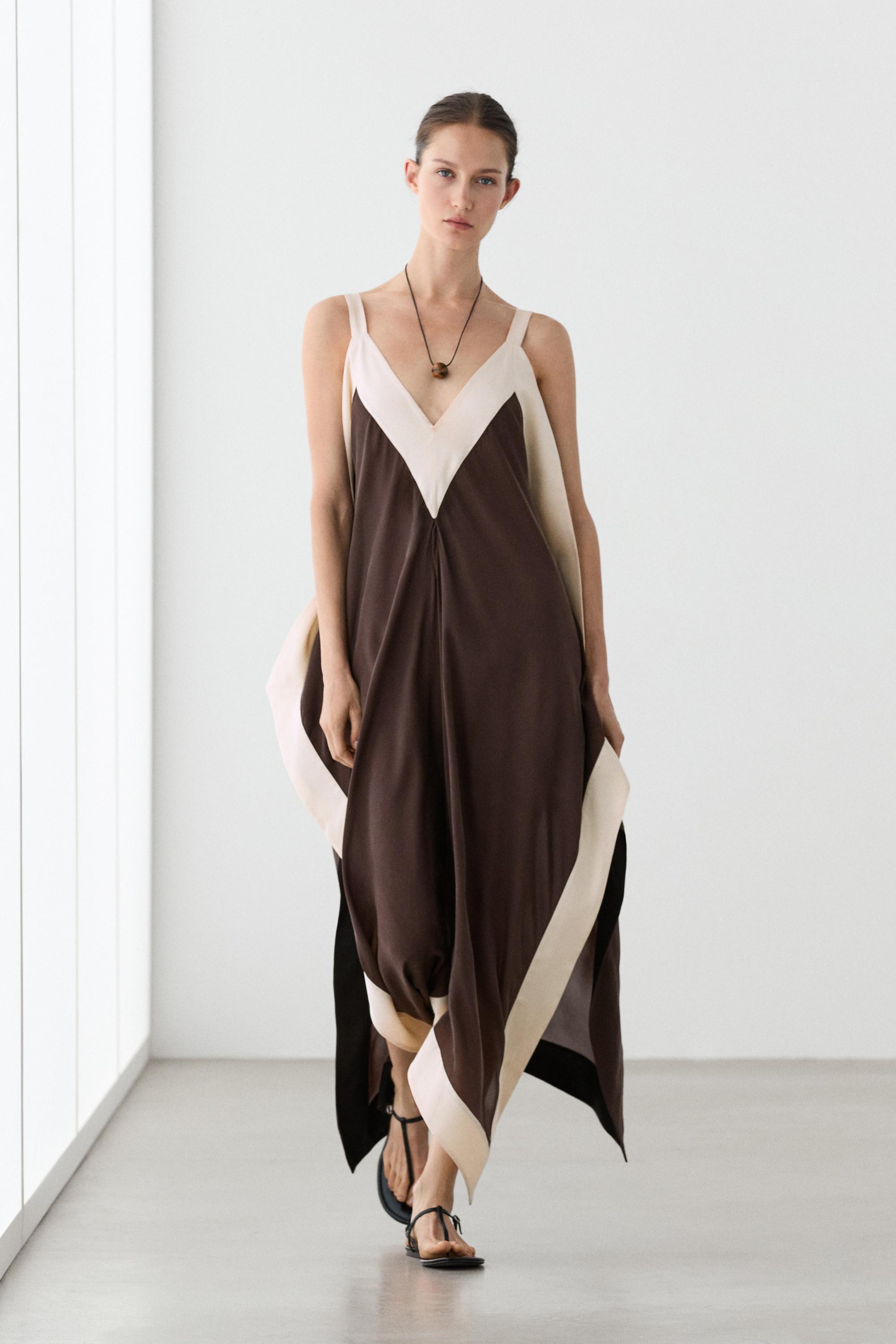 Flowing midi dress with contrast trim detail Brown
