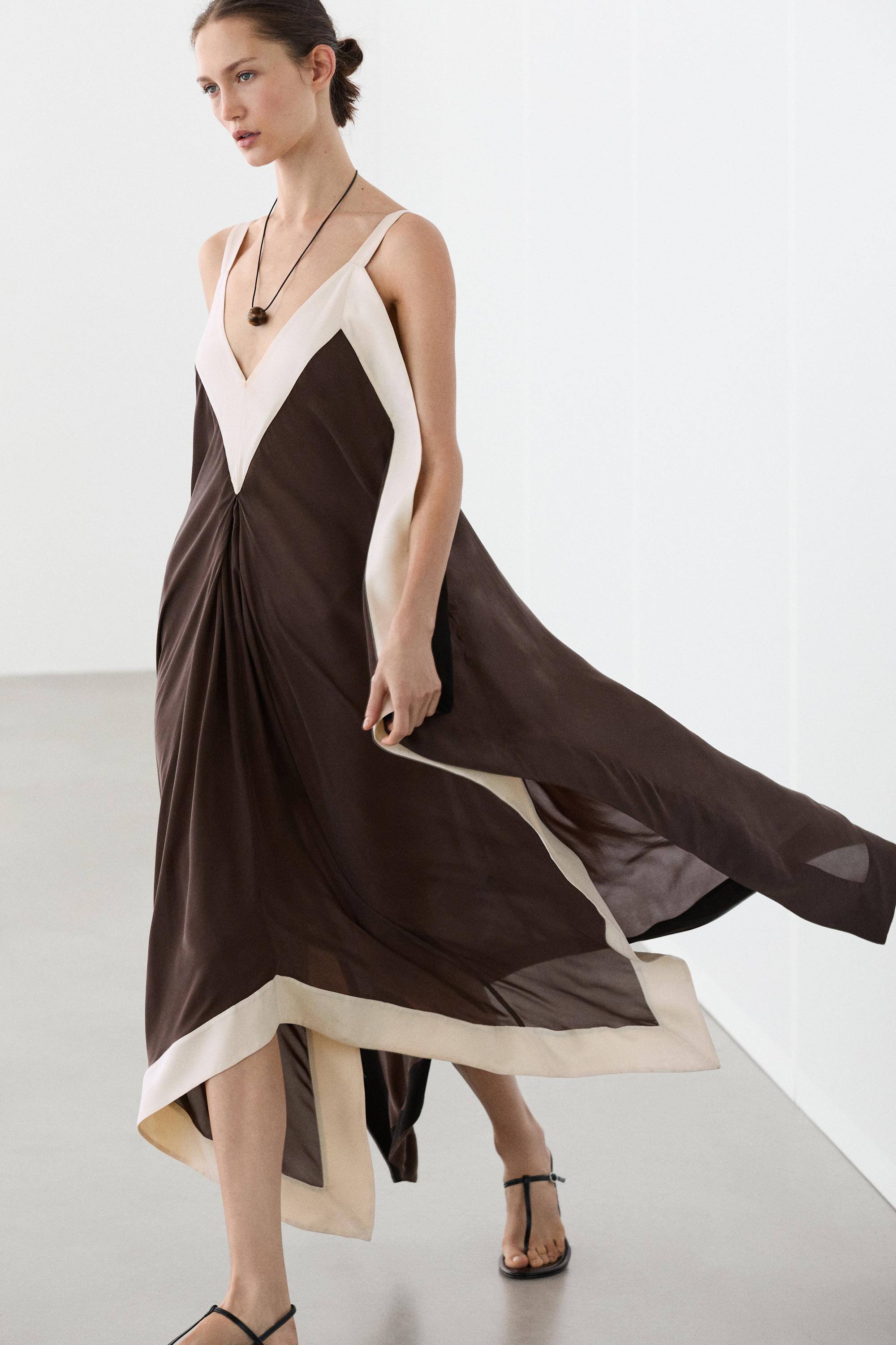 Flowing midi dress with contrast trim detail Brown