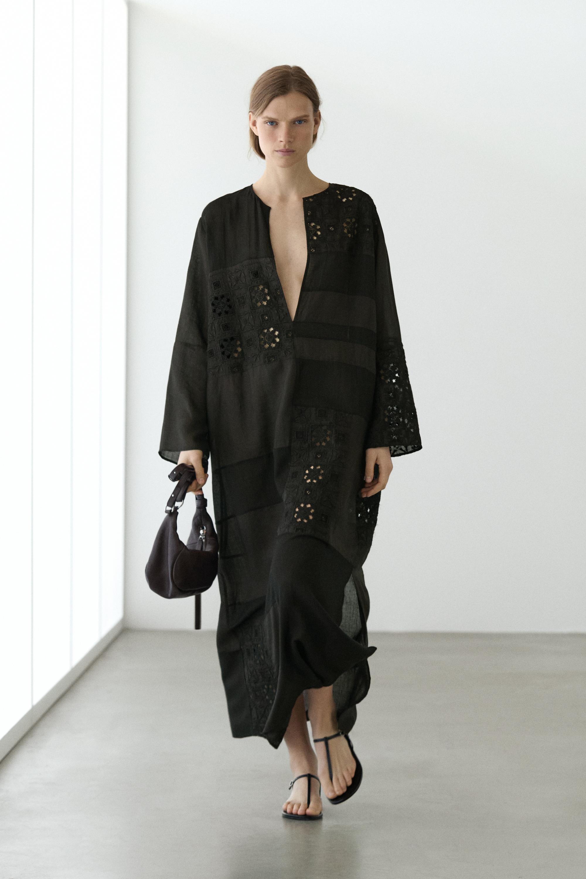 Flowing embroidered kaftan dress Black